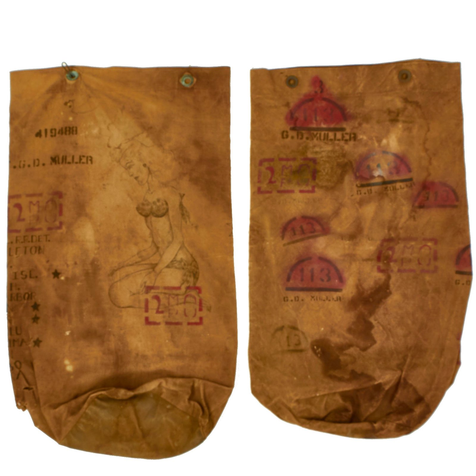 Buy Original U.S. WWII Named US Marine Corps Sea Bag Lot Featuring Artwork, UNIS Markings and Locations - Sgt. George Muller 3rd Provisional Military Police Battalion, 4th Marine Division | Original Firearms Antique For Sale