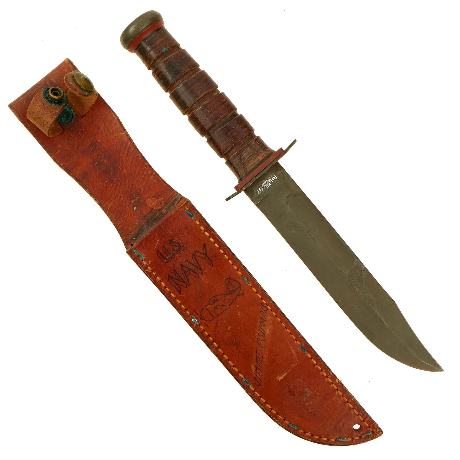 Buy Original U.S. WWII US NAVY PAL RH-37 Fighting Knife with Personalized Leather Sheath-Excellent | Original Firearms Antique For Sale