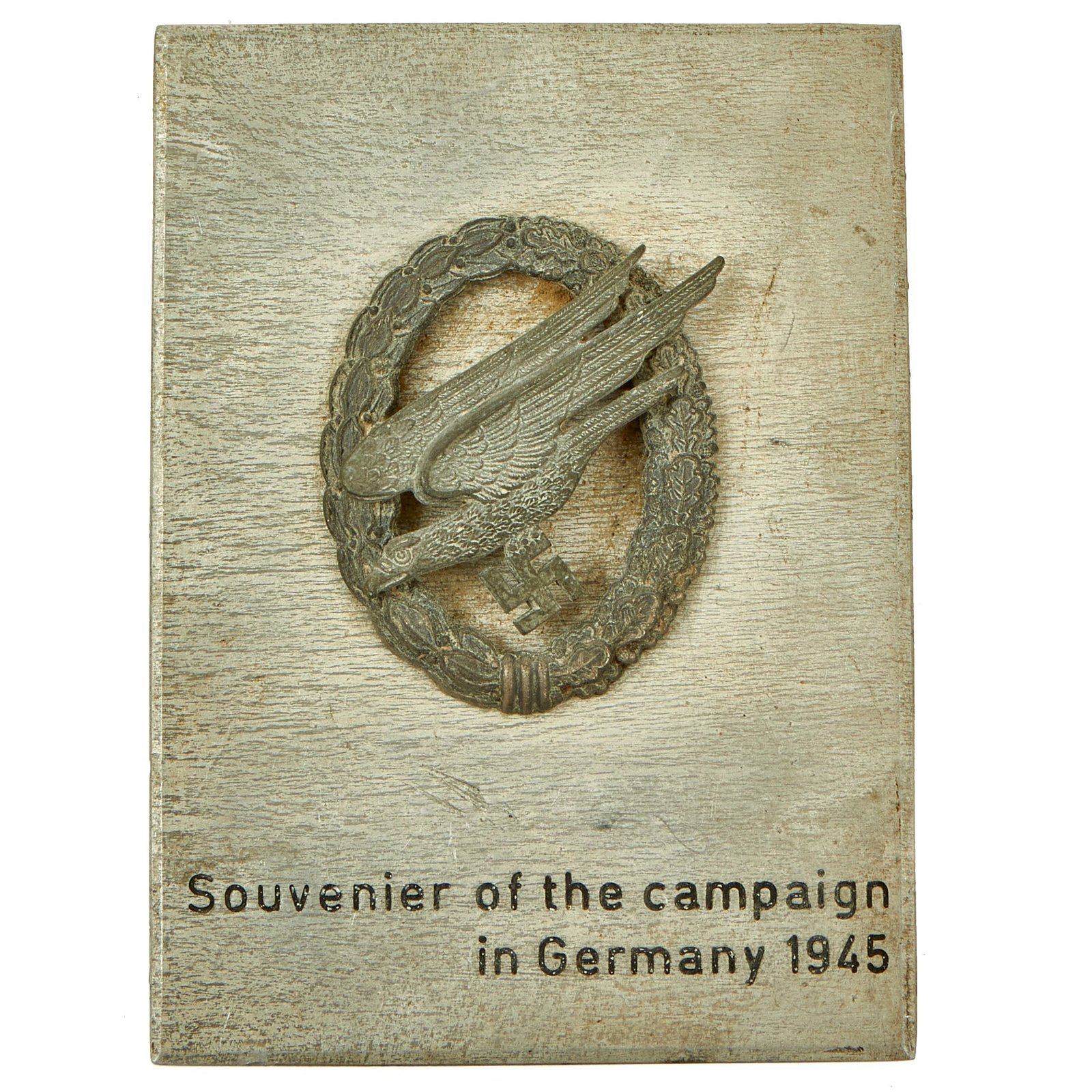 Buy Original German WWII Luftwaffe Paratrooper Fallschirmjäger Badge Mounted on Souvenir Aluminum Plaque - Parachutist Badge | Original Firearms Antique For Sale