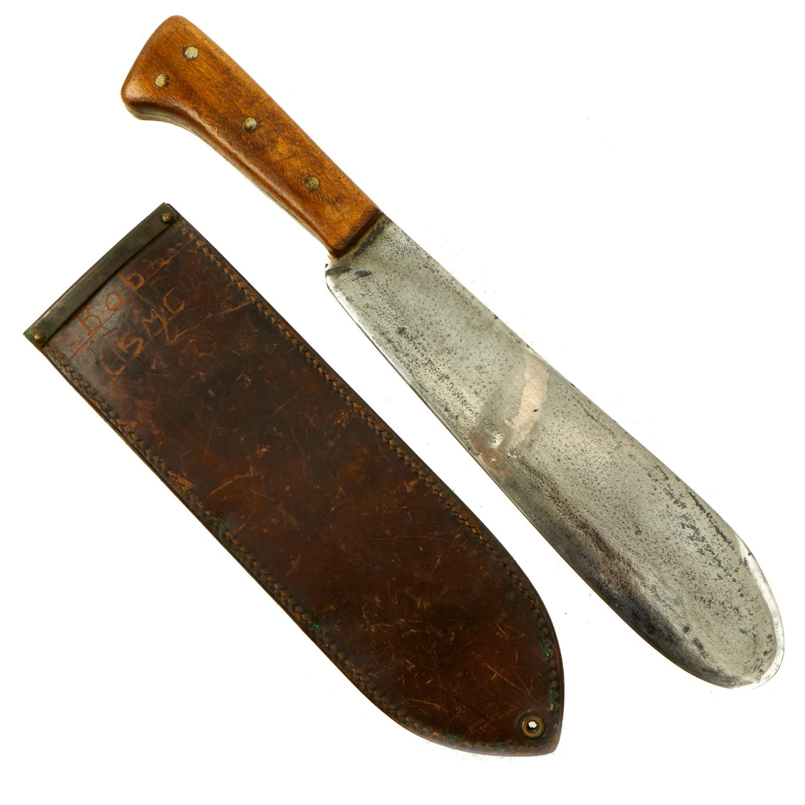 Buy Original U.S. WWII USMC Bolo Knife by Chatillon, N.Y. with BOYT 1942 Scabbard With Locations Etched into the Back like Guadalcanal, Saipan and Peleliu | Original Firearms Antique For Sale