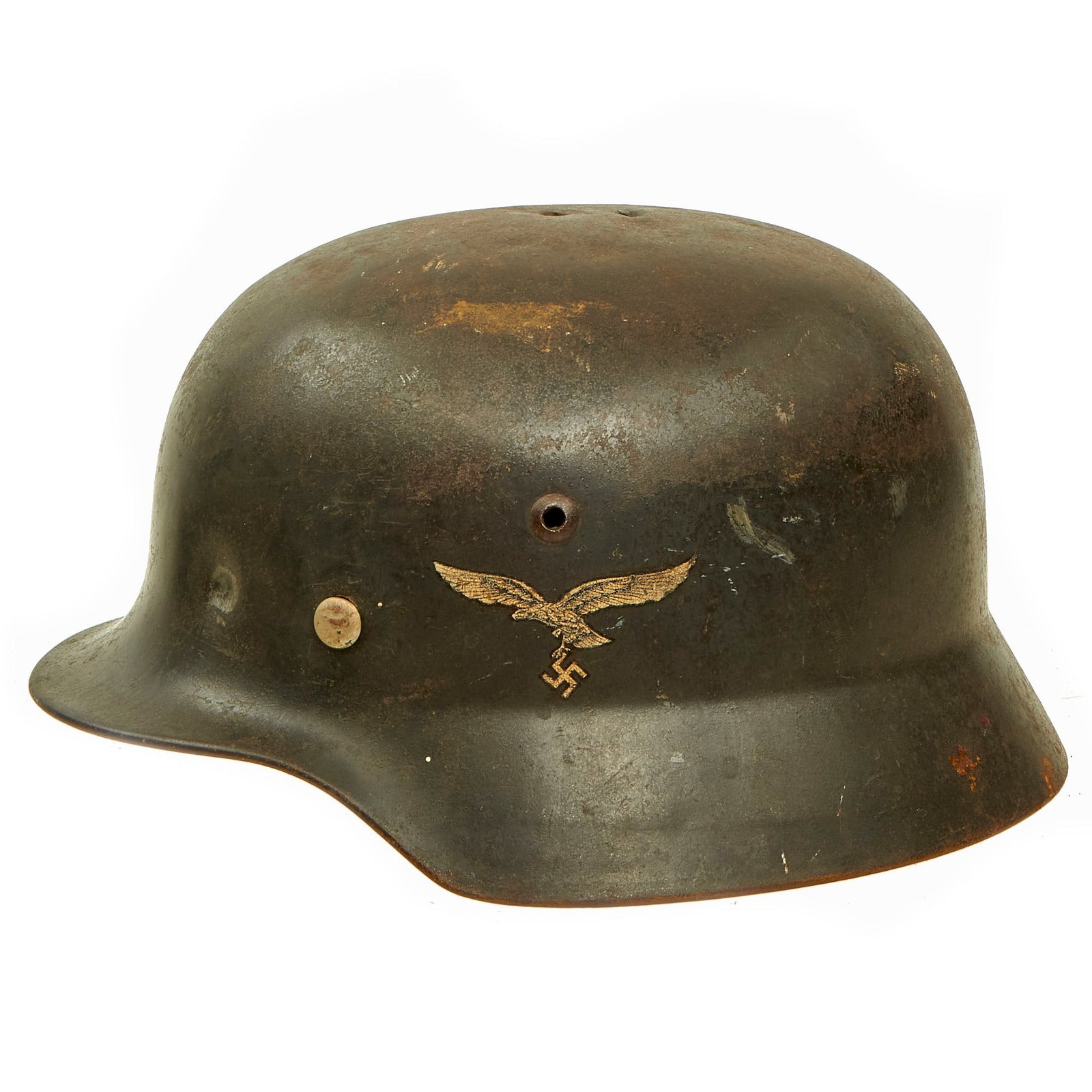 Buy Original German WWII Battle Damaged 1939 Dated Luftwaffe M35 Double Decal Steel Helmet with 61cm Liner - marked Q68 | Original Firearms Antique For Sale