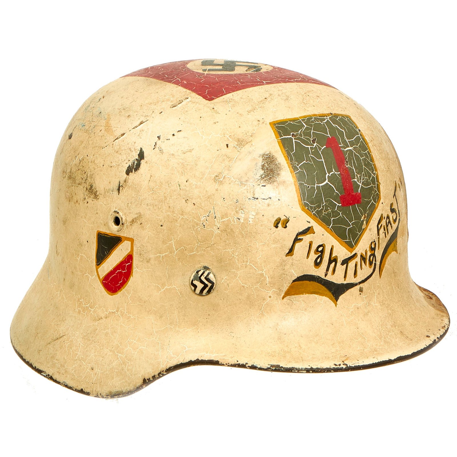 Buy Original WWII USGI Captured 1st Infantry Division "Fighting First" Souvenir Painted German M40 Steel Helmet with Provenance - EF64 | Original Firearms Antique For Sale