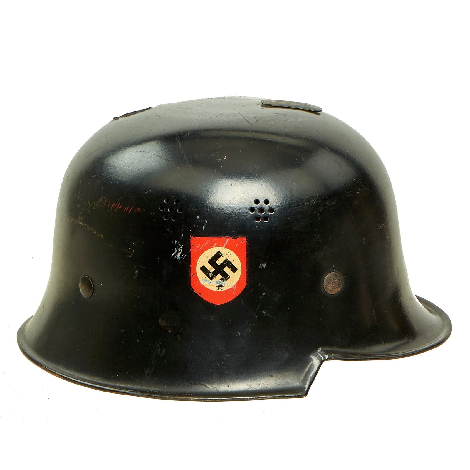 Buy Original German WWII M34 Square Dip Fire Police Helmet with Double Decals - Stahlhelm Feuerwehr | Original Firearms Antique For Sale