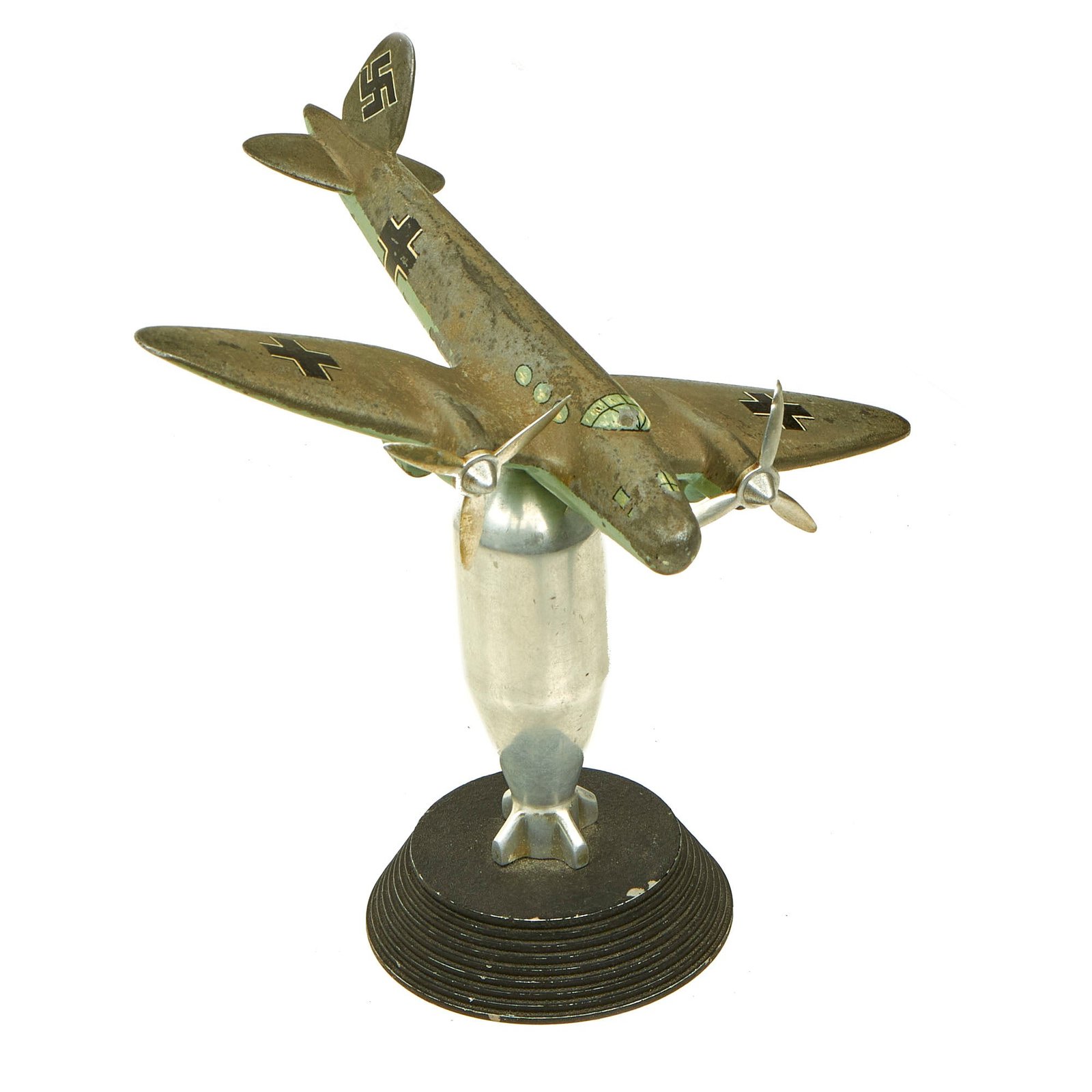 Buy Original U.S. WWII Junkers Ju 88 Schnellbomber "fast bomber" Trench Art With Miniature Bomb Pedestal Base | Original Firearms Antique For Sale