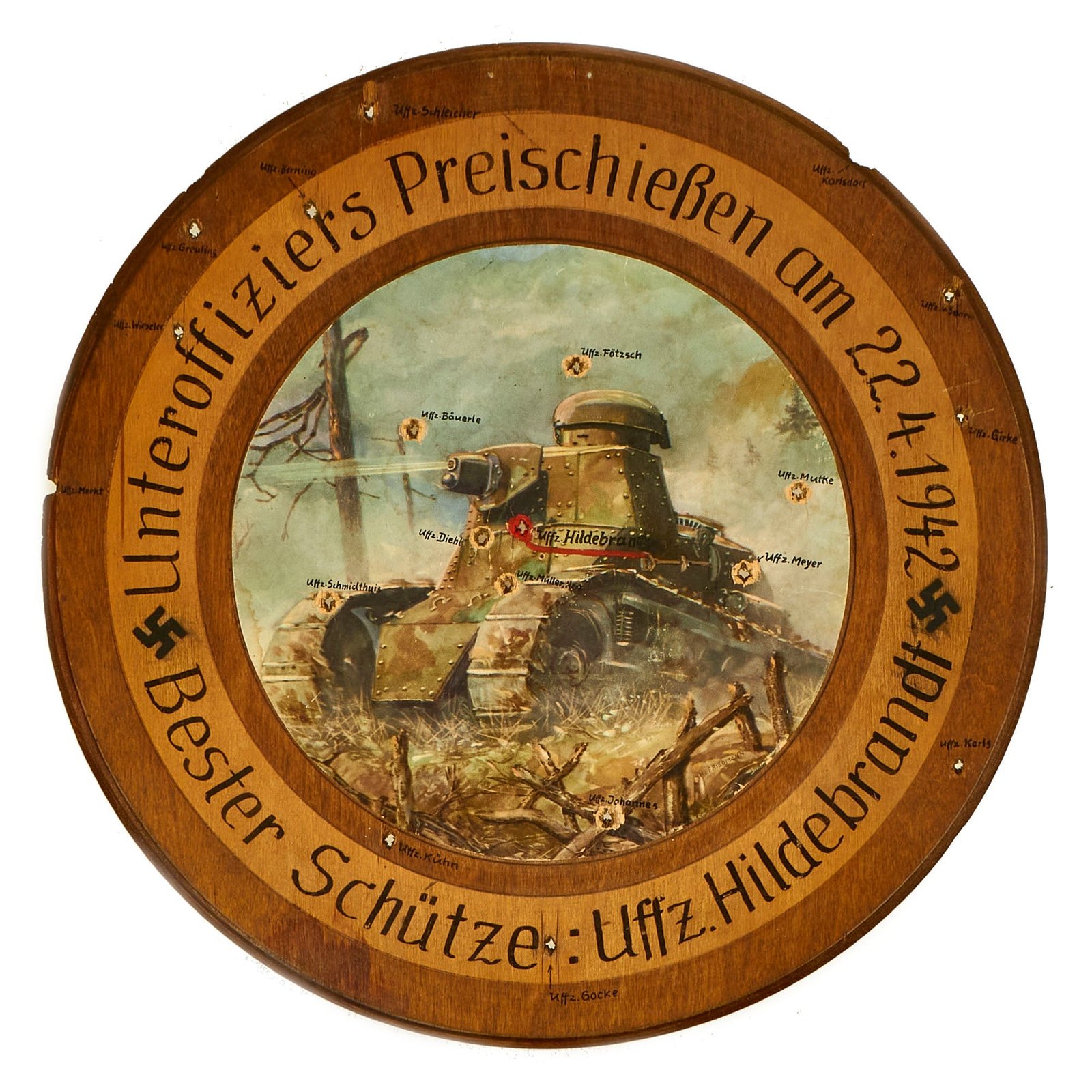 Buy Original German WWII NCO Prize Shooting Competition Wooden Target with Panzer Tank Illustration - 15 1/2" Wide | Original Firearms Antique For Sale