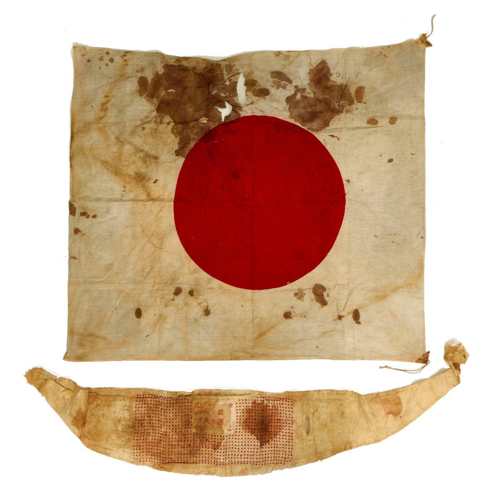 Buy Original Japanese WWII USGI Bring Back Set Taken from KIA Japanese Soldier - Senninbari 1000 Stitch Belt & National Flag | Original Firearms Antique For Sale