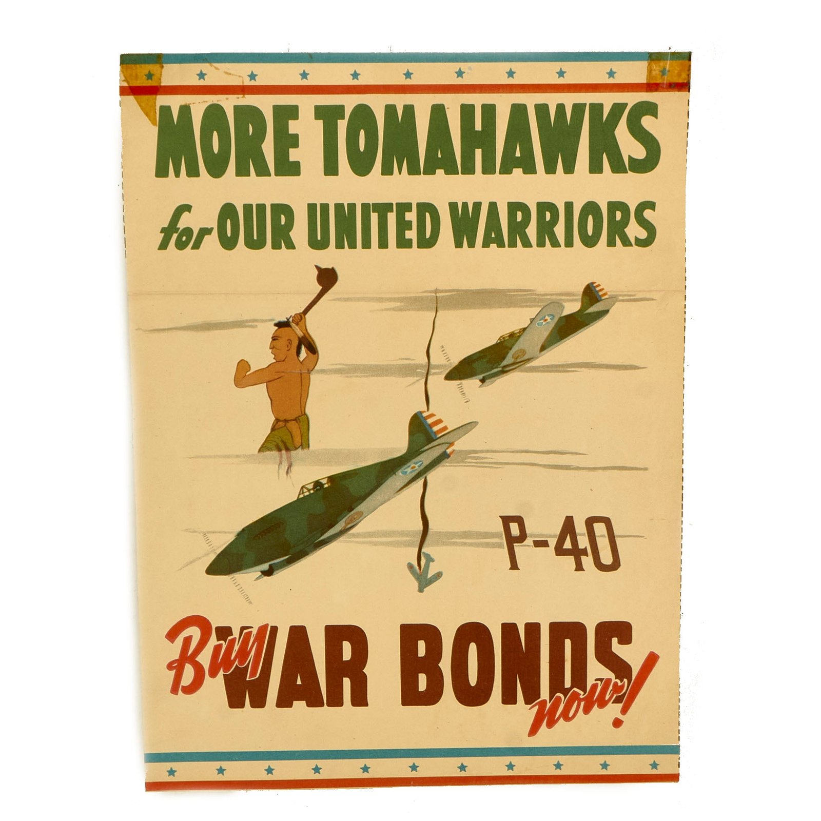 Buy Original U.S. WWII “More Tomahawks For Our United Warriors” War Bonds Propaganda Poster by with Artwork by Charles Presbetonequa of the United States Indian School, Santa Fe, New Mexico - 10 " x 13 ¼” | Original Firearms Antique For Sale