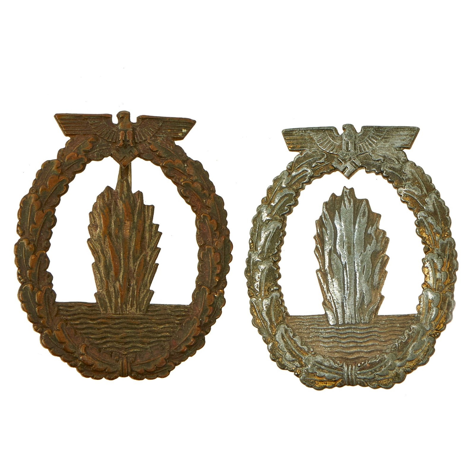 Buy Original German WWII Pair of Kriegsmarine Minesweeper War Badges - One Intact & One Damaged | Original Firearms Antique For Sale