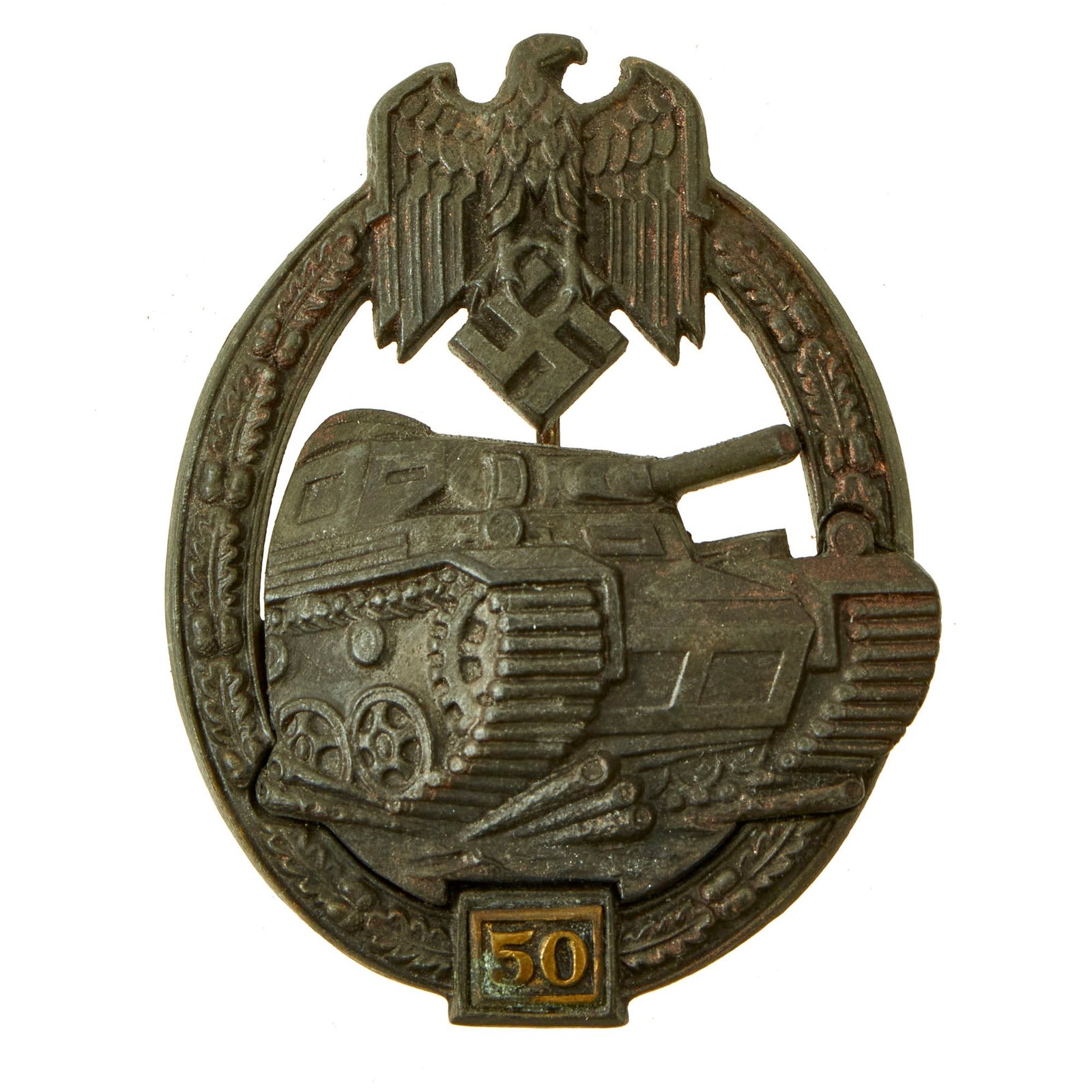 Buy Original German WWII Special Grade 50 Action Bronze Panzer Assault Tank Badge by Gustav Brehmer of Markneukirchen | Original Firearms Antique For Sale