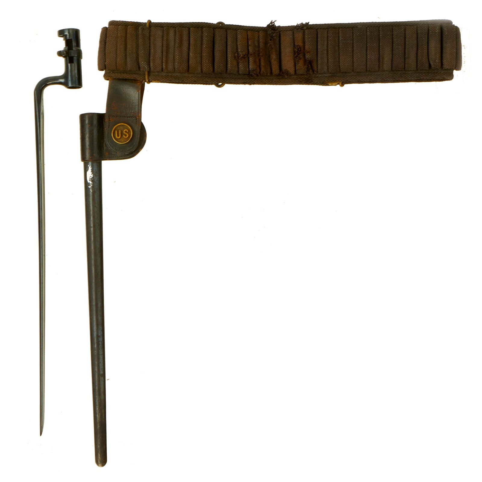 Buy Original U.S. Spanish American War 45 Round .30-40 Krag Rifle Ammunition Belt With Trapdoor M1873 Rifle Socket Bayonet With U.S. Scabbard | Original Firearms Antique For Sale