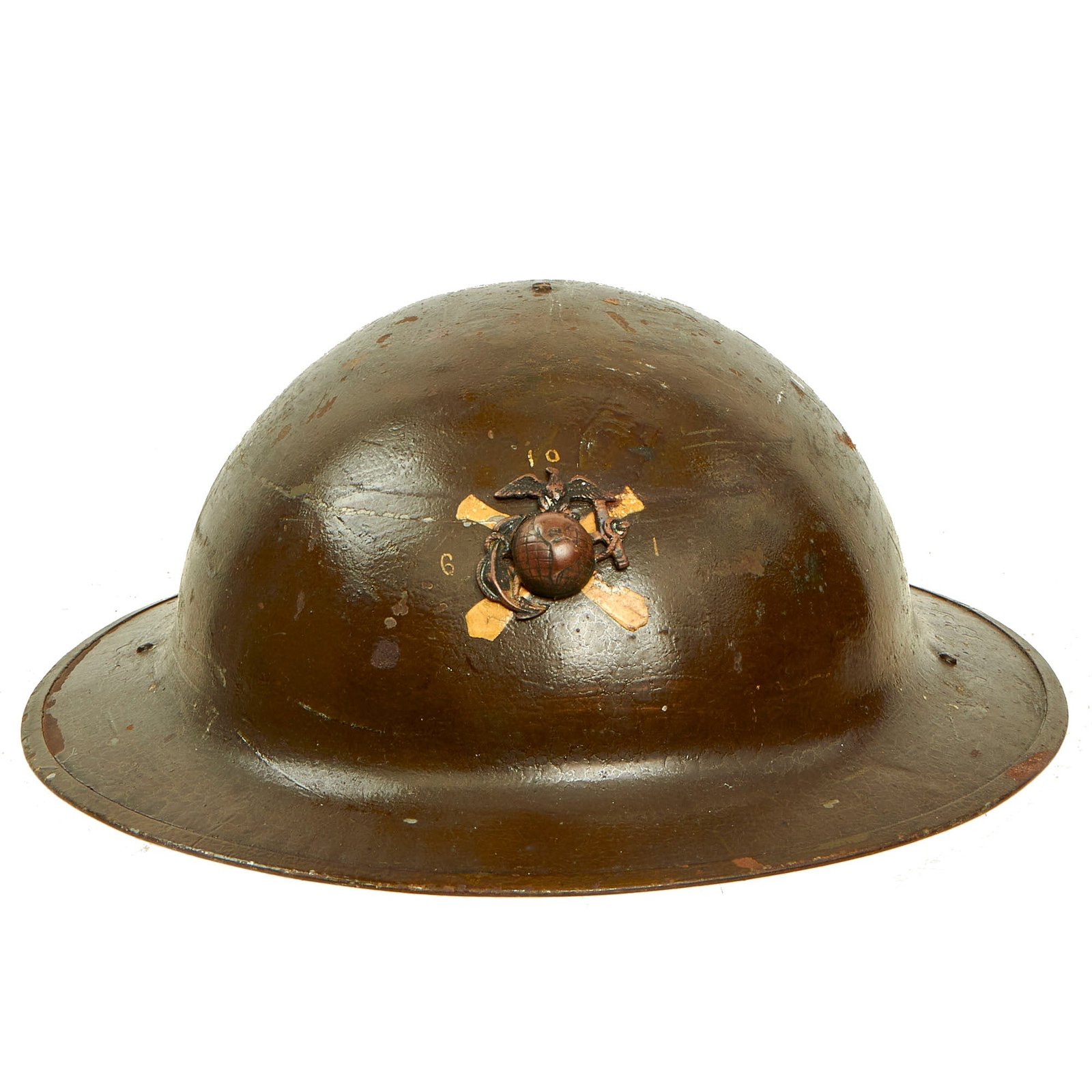 Buy Original U.S. WWI USMC Artillery M1917 Doughboy Helmet with Intact Liner and Chinstrap - With Period Correct Punch Applied EGA | Original Firearms Antique For Sale