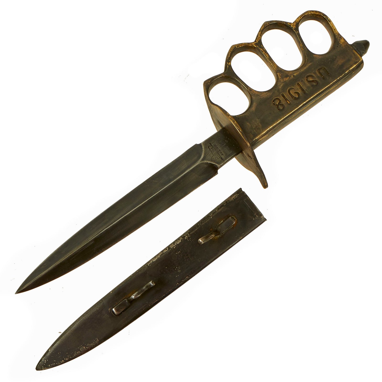 Buy Original U.S. WWI Model 1918 Mark I Trench Knife by AU LION with Steel Scabbard | Original Firearms Antique For Sale