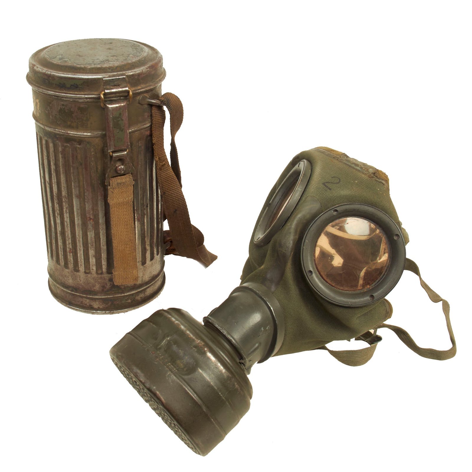 Buy Original German WWII M30 2nd Model Size 2 Gas Mask with Fe 37 Filter, Canister, & Spare Lenses - dated 1938 | Original Firearms Antique For Sale