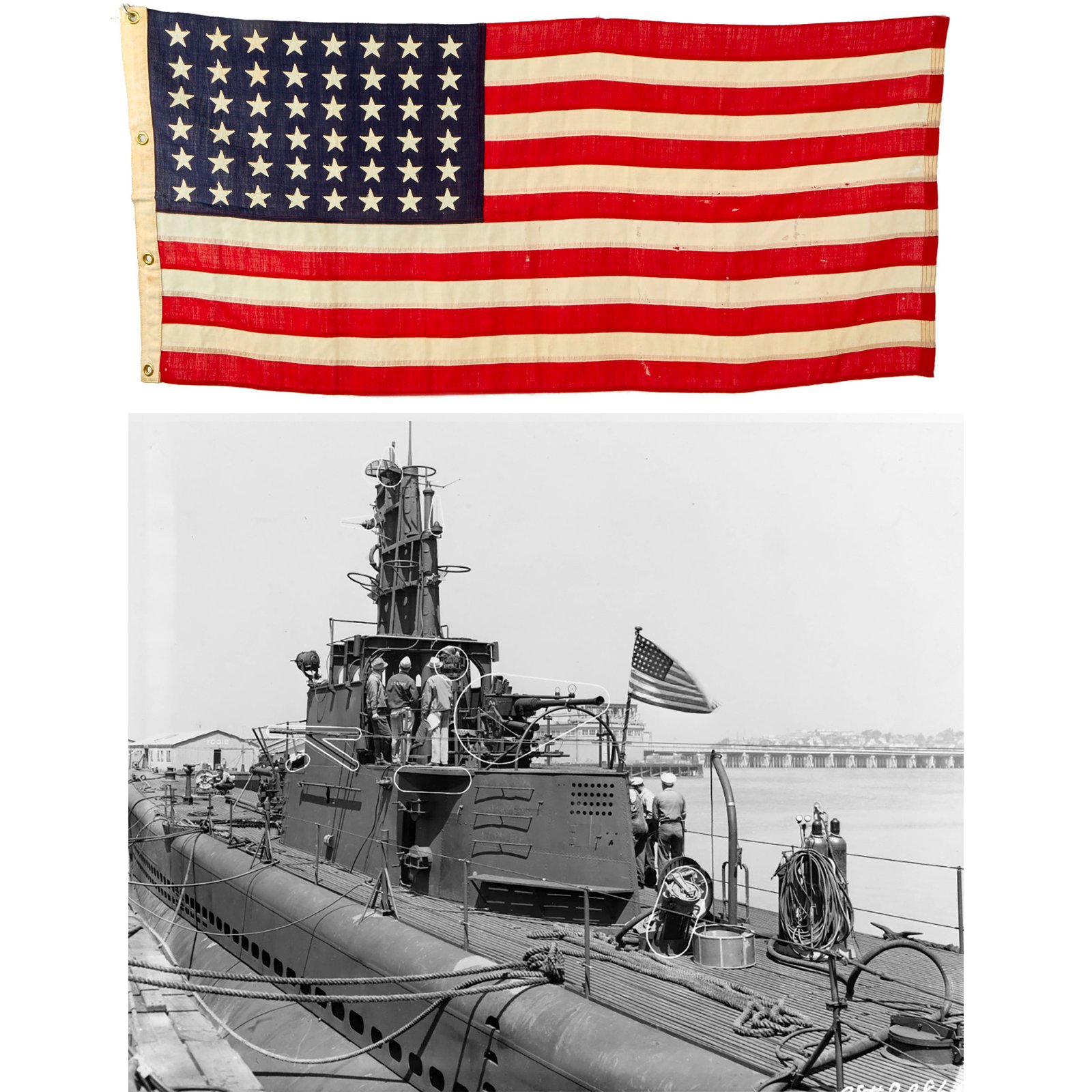 Buy Original U.S. WWII “Ensign No. 11 Mare Island Nov. 1940” Keel Laying Ceremony 48 Star Flag With Deep Dive Certificate Attribute to the Submarine USS Silversides - From The Dr. Clarence R. Rungee Memorial Collection | Original Firearms Antique For Sale