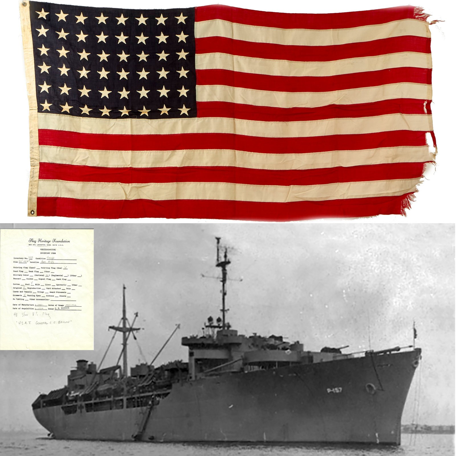 Buy Original U.S. WWII 48 Star Naval Ensign Flown From The USS General C.C. Ballou With Signed Letter From The Navigating Officer, As Sold By Heritage Auctions - From The Dr. Clarence R. Rungee Memorial Collection | Original Firearms Antique For Sale