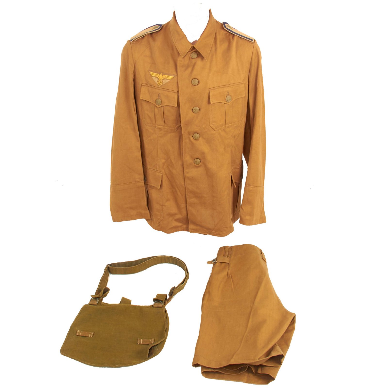 Buy Original German WWII Afrikakorps Set: Unissued Mint Khaki Kriegsmarine M43 Tunic & Shorts with 1942 Dated Bread Bag | Original Firearms Antique For Sale