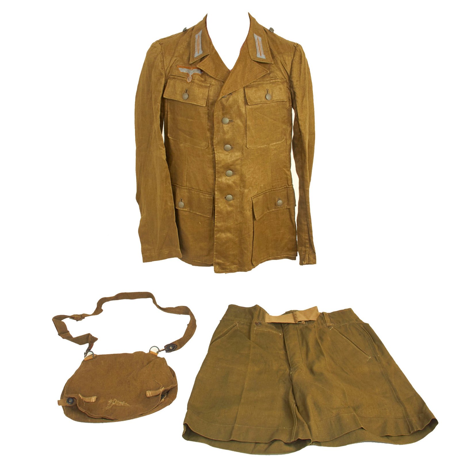 Buy Original German WWII Afrikakorps Set: Unissued Mint Olive Green M43 Heer Army Enlisted Tunic & Shorts with Bread Bag | Original Firearms Antique For Sale