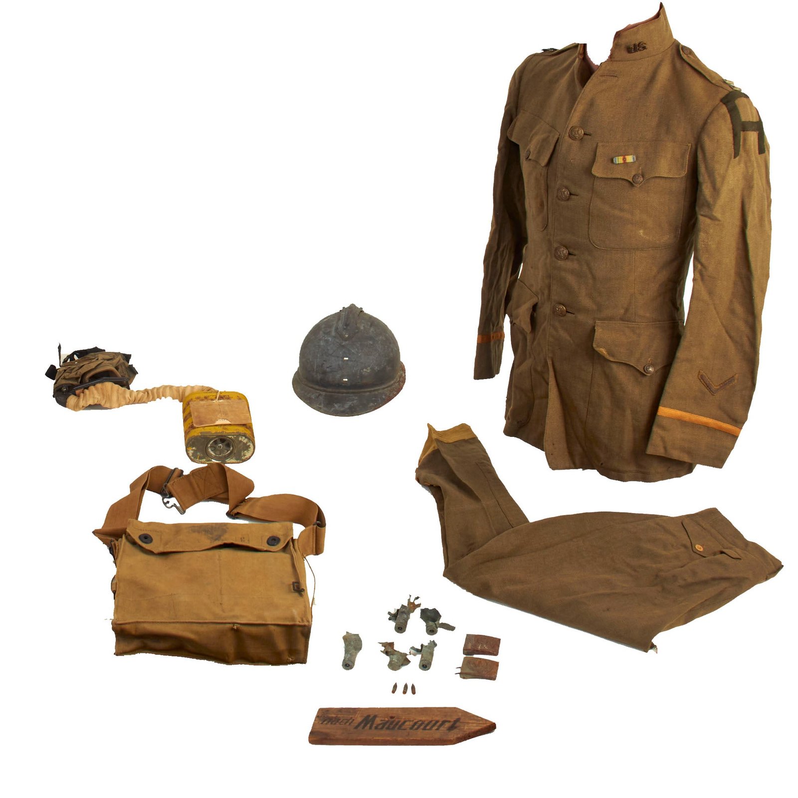 Buy Original U.S. WWI US First Army Officers Uniform Set With M1917 SBR Gas Mask, Bringback French Helmet, German Buckles and More - 16 Items | Original Firearms Antique For Sale