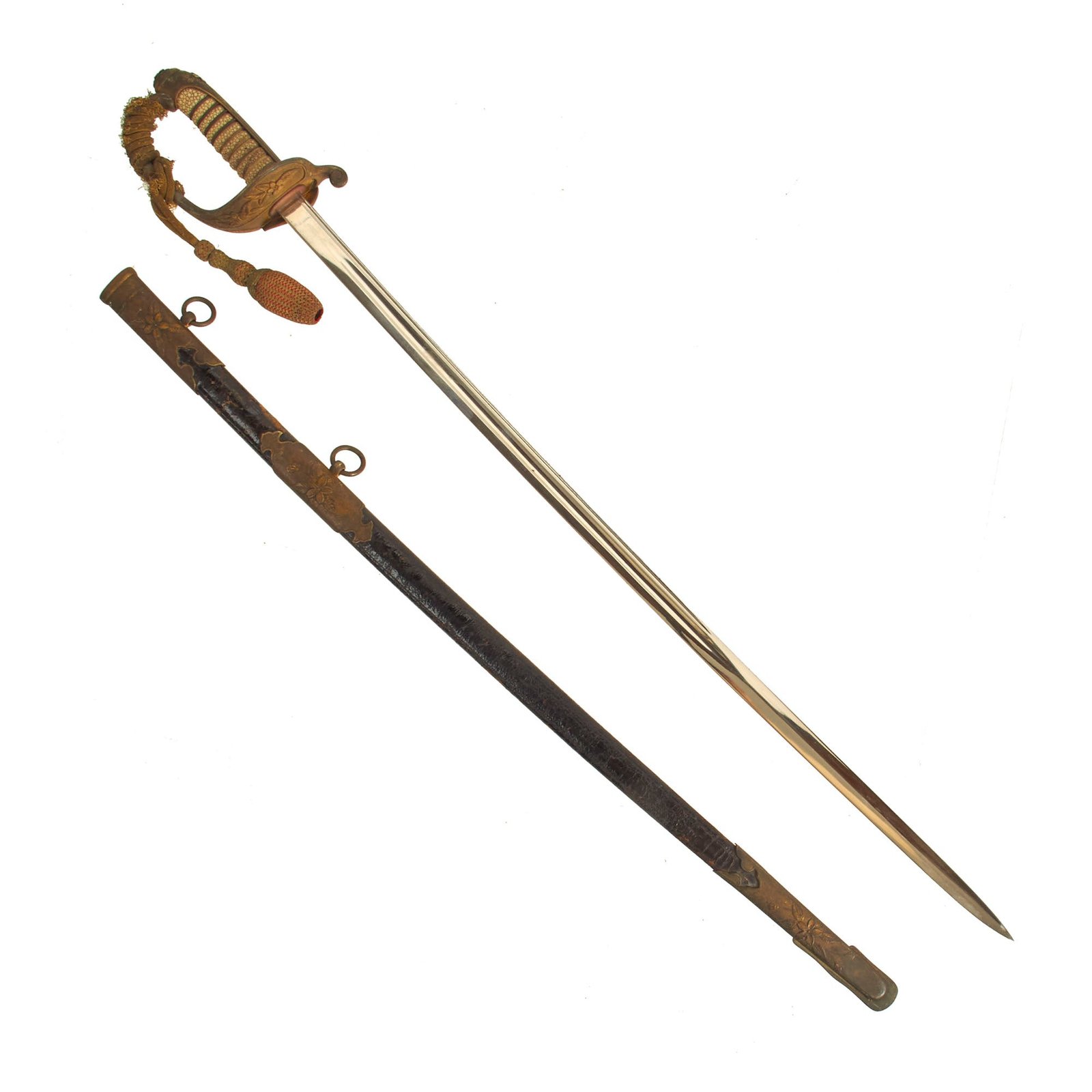 Buy Original Japanese WWII Navy Officer Model 1883 Kyu-Gunto Sword with Knot and Leather Parade Scabbard | Original Firearms Antique For Sale