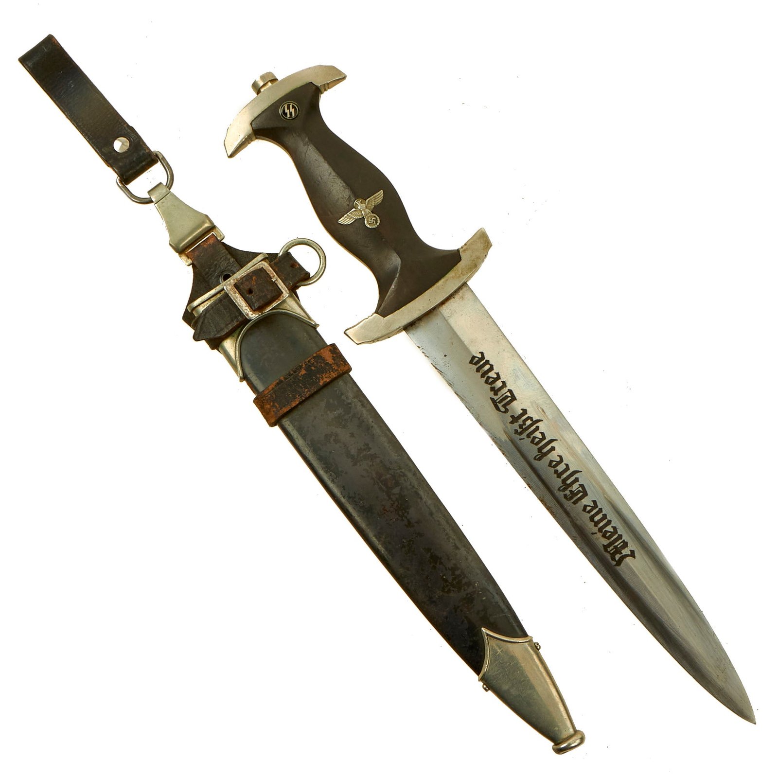 Buy Original German WWII Early M33 SS Dagger by Heinrich Böker & Co. with Scabbard in Rare Vertical Leather Hanger | Original Firearms Antique For Sale
