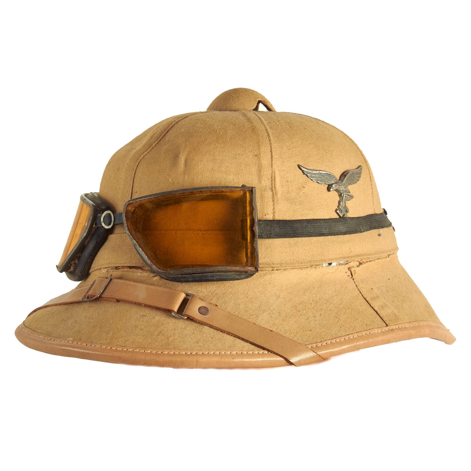 Buy Original German WWII 1941 Dated First Model DAK Luftwaffe Tropical Sun Helmet by NEUHAG with Goggles - Size 56 | Original Firearms Antique For Sale