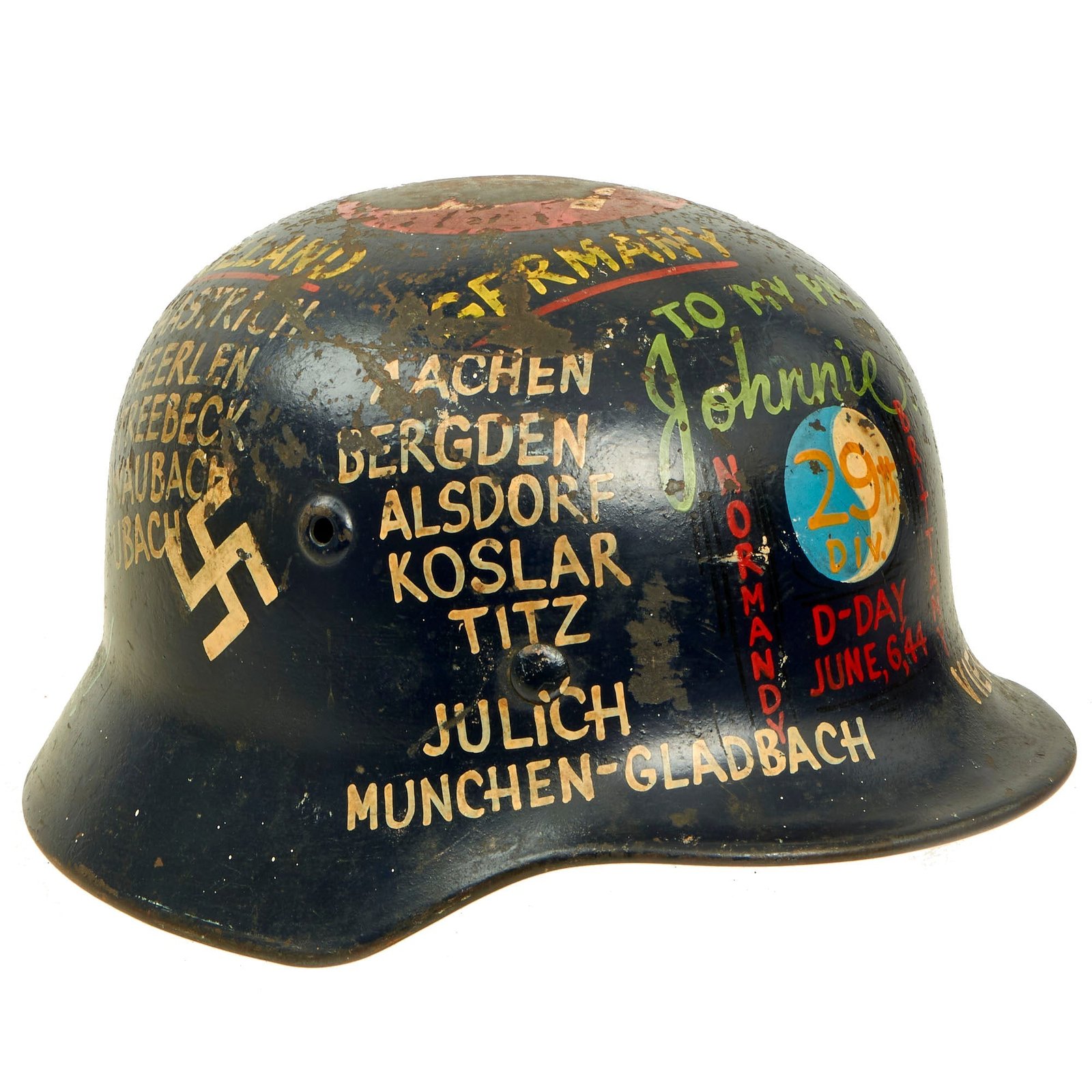 Buy Original WWII USGI Captured 29th Infantry Division D-Day Personalized Souvenir Painted German M40 Luftwaffe Steel Helmet - Q64 | Original Firearms Antique For Sale