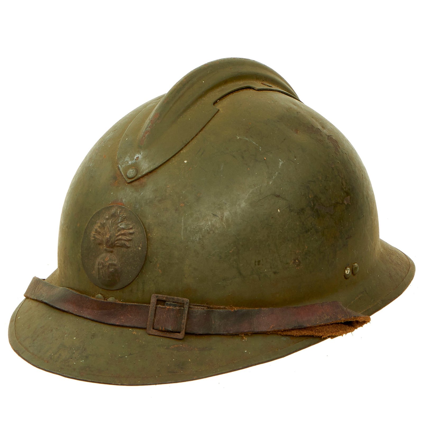 Buy Original French WWII Complete Early Model 1926 Adrian Infantry Helmet with Liner & Chinstrap - Olive Green | Original Firearms Antique For Sale