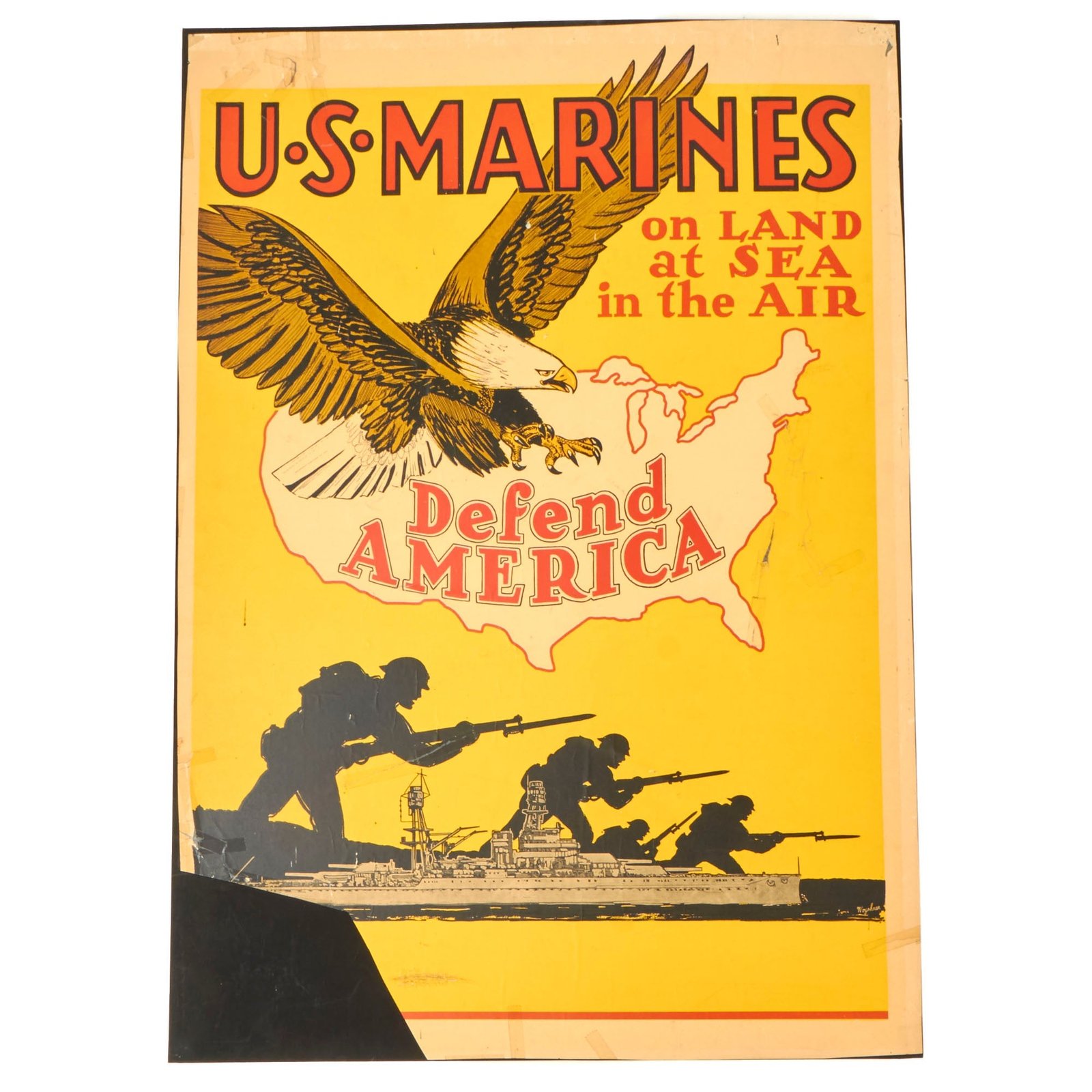 Buy Original U.S. WWII US Marines On Land at Sea in the Air Enlistment Poster on Poster Board - 27 x 38¼ | Original Firearms Antique For Sale