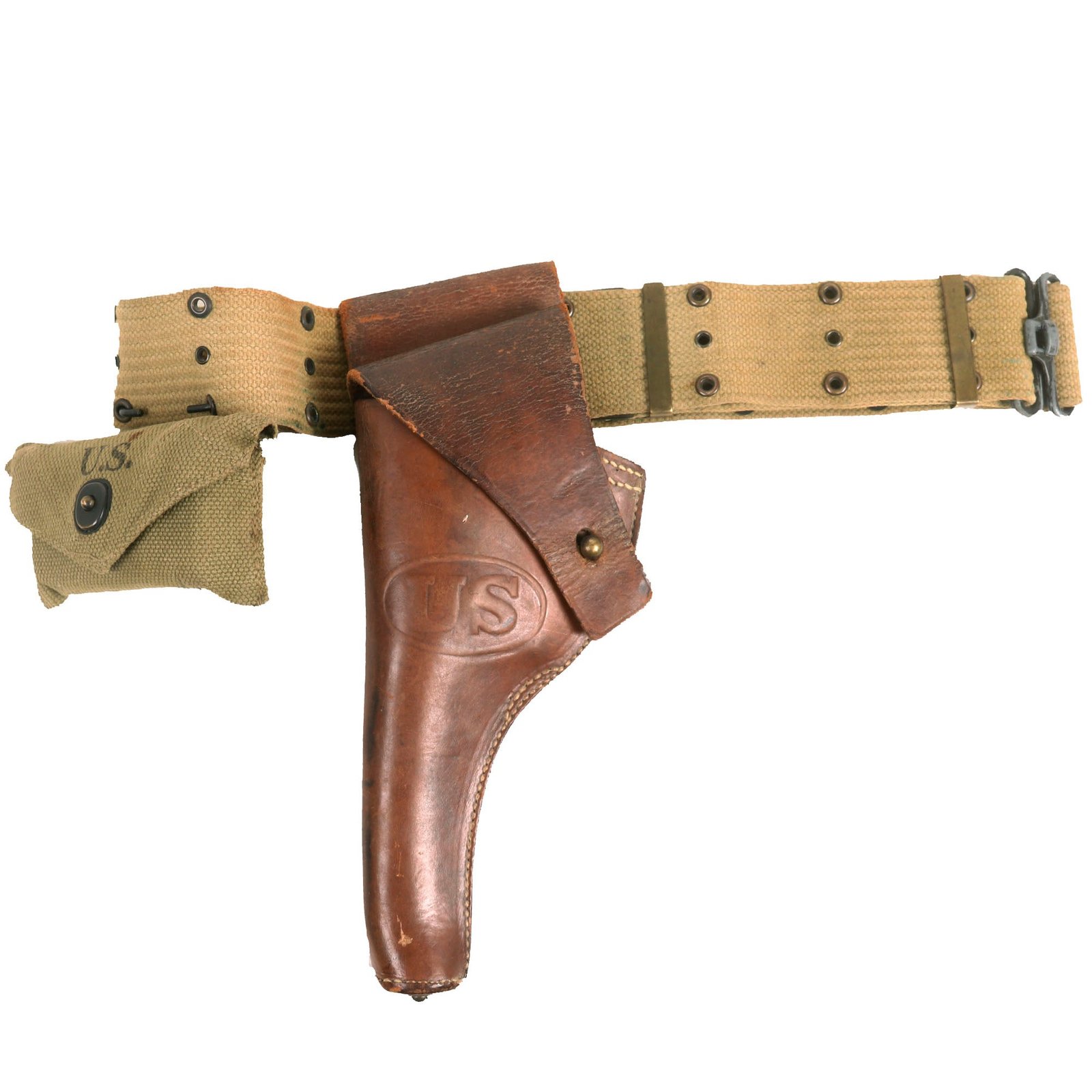 Buy Original U.S. WWI WWII Officer 1918 Dated M1917 .45 Revolver Holster Pistol Cartridge Belt Rig - 1942 Dated First Aid Pouch with Carlisle Bandage | Original Firearms Antique For Sale