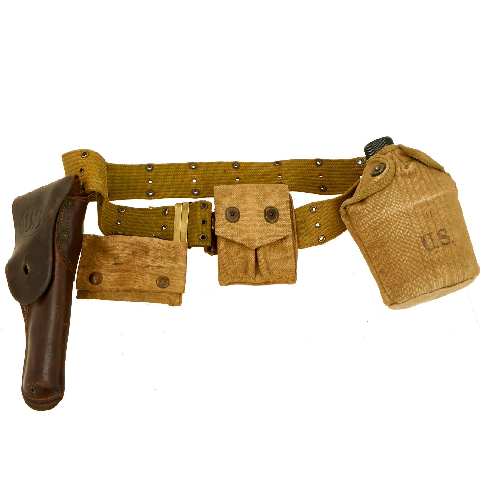 Buy Original U.S. WWI / WWII M-1910 Pistol Belt Rig Featuring M1916 Holster for 1911 .45 Automatic, Magazine Pouch, Carlisle Bandage Pouch and Canteen Set | Original Firearms Antique For Sale