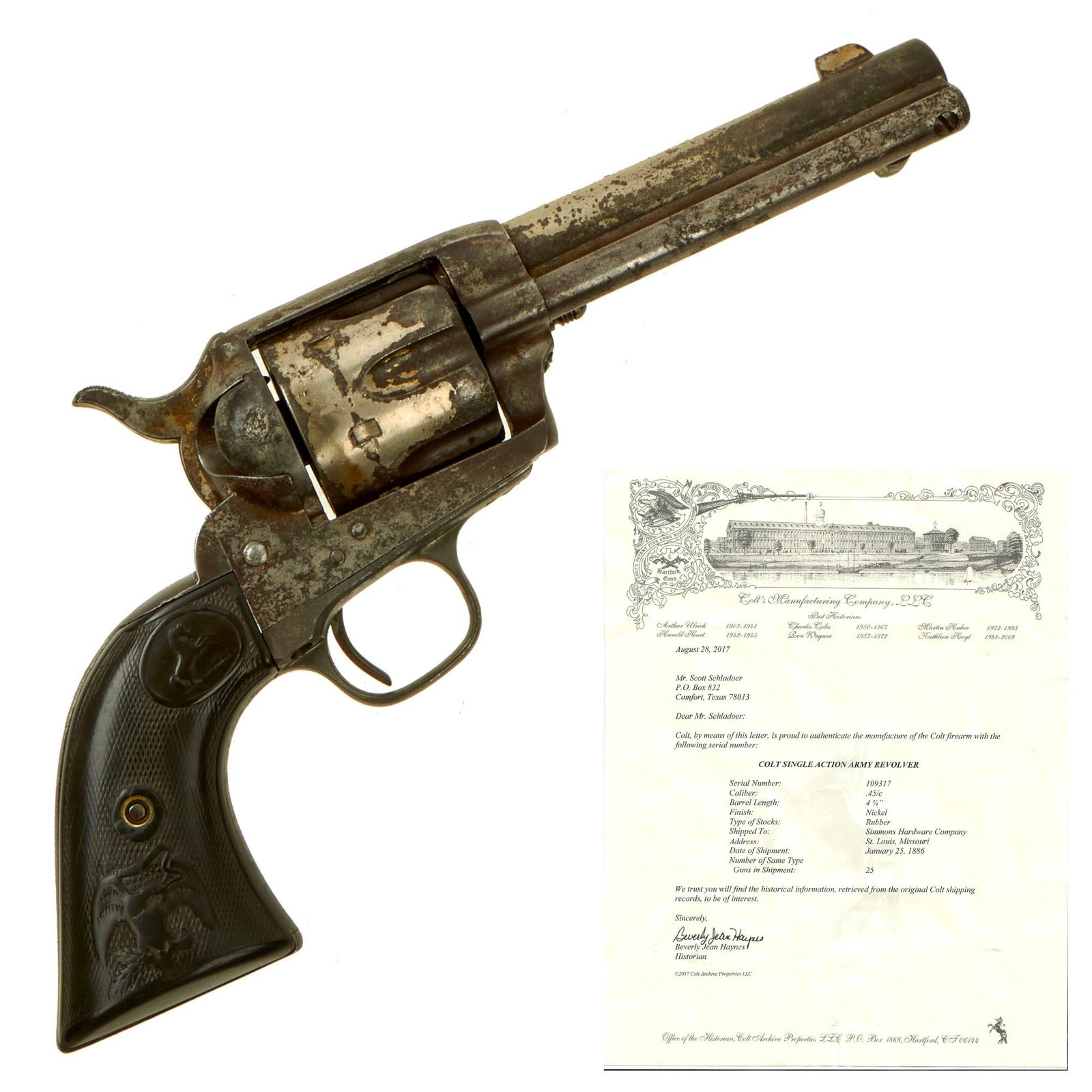 Buy Original U.S. Colt .45cal Single Action Army Revolver made in 1884 with 4 3/4" Barrel & Factory Letter - Matching Serial 109317 | Original Firearms Antique For Sale