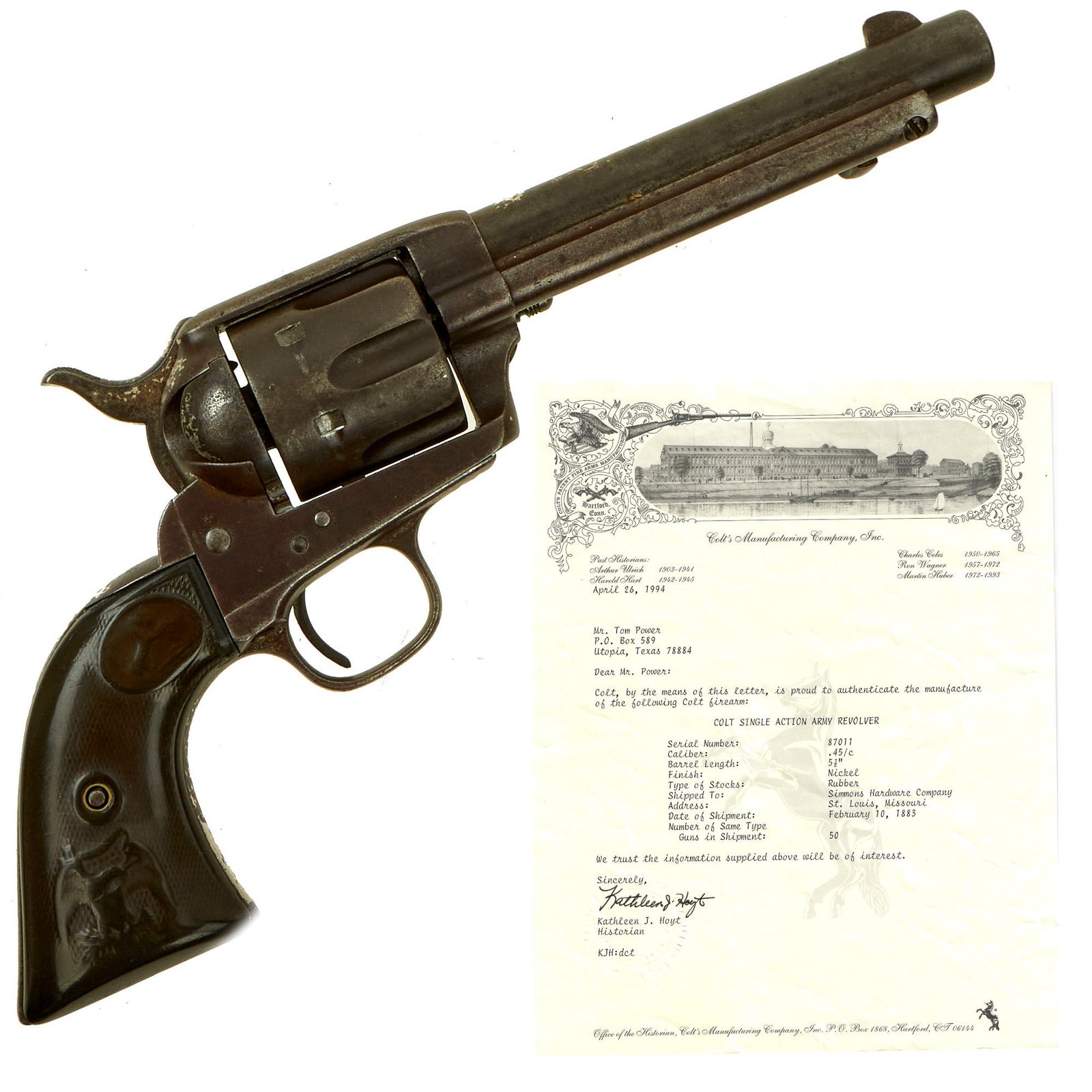 Buy Original U.S. Colt .45cal Single Action Army Revolver made in 1883 with 5 1/2" Barrel & Factory Letter - Matching Serial 87011 | Original Firearms Antique For Sale