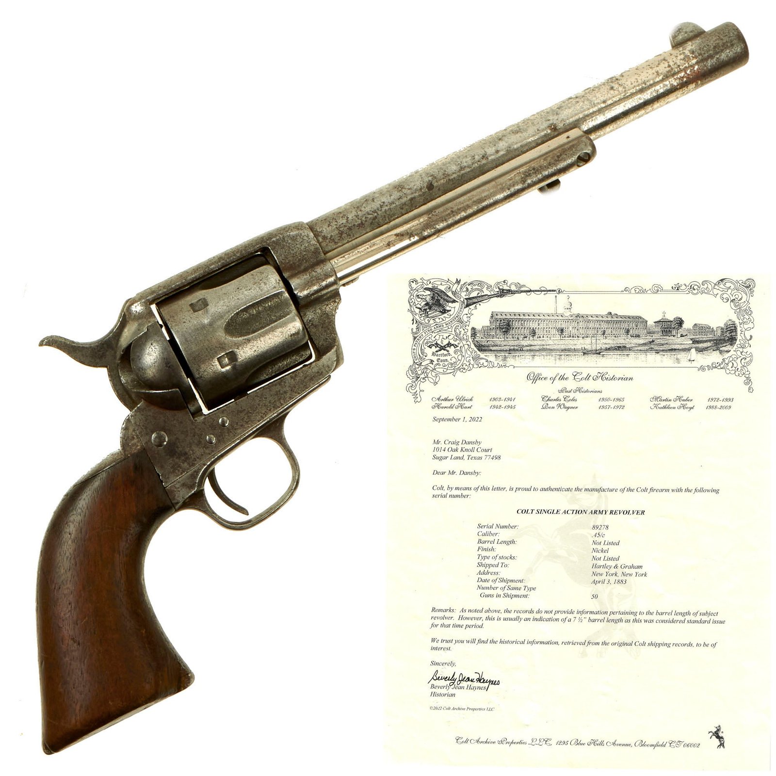 Buy Original U.S. Colt .45cal Single Action Army Revolver made in 1883 with 7 1/2" Barrel & Factory Letter - Serial 89278 | Original Firearms Antique For Sale