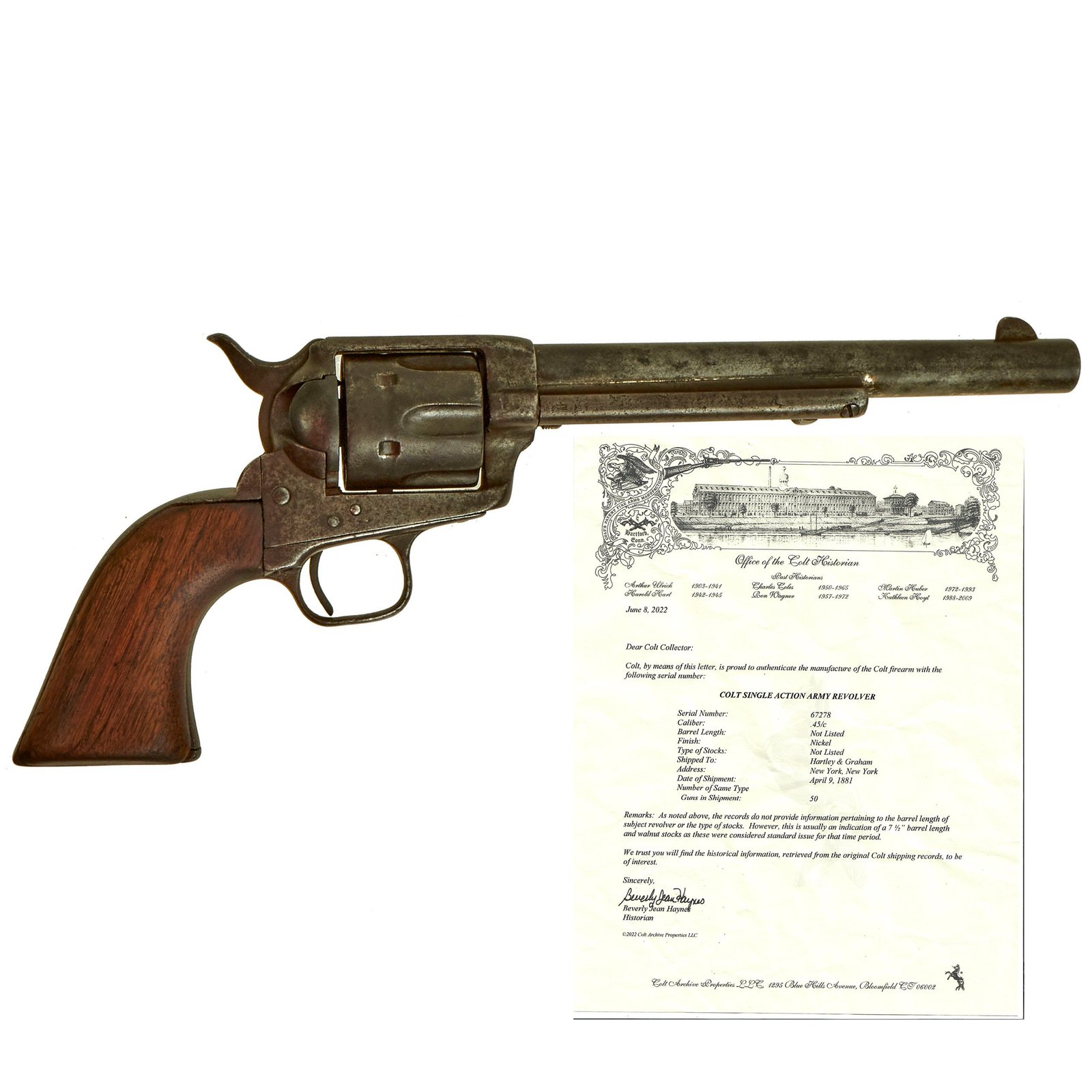 Buy Original U.S. Colt .45cal Single Action Army Revolver made in 1881 with 7 1/2" Barrel & Factory Letter - Serial 67278 | Original Firearms Antique For Sale