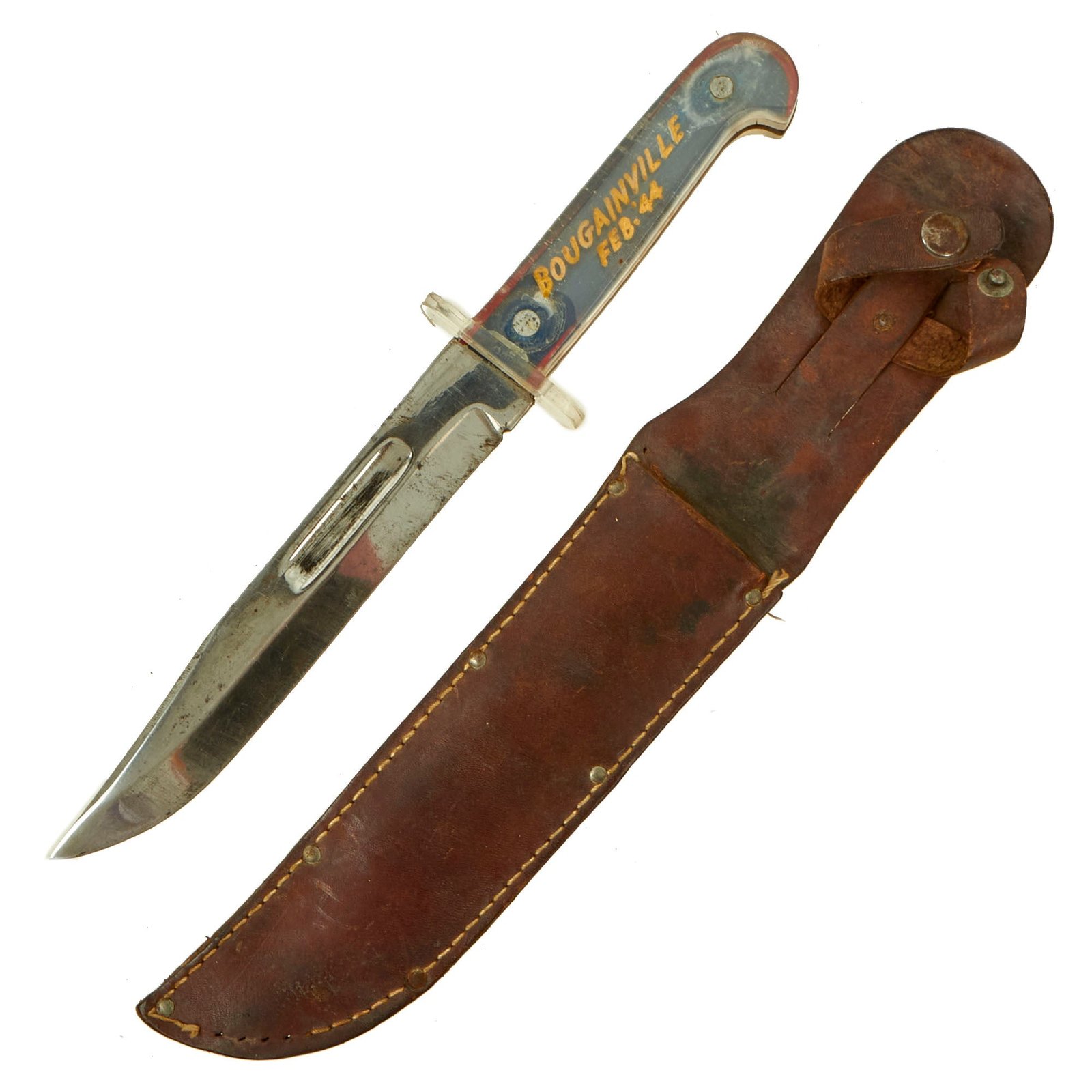 Buy Original U.S. WWII US Marine Corps Pilot DFC Recipient Captain James H. Phillips Kabar Style Theater Made Fighting Knife With Scabbard - Marked “BOUGAINVILLE FEB ‘44” | Original Firearms Antique For Sale