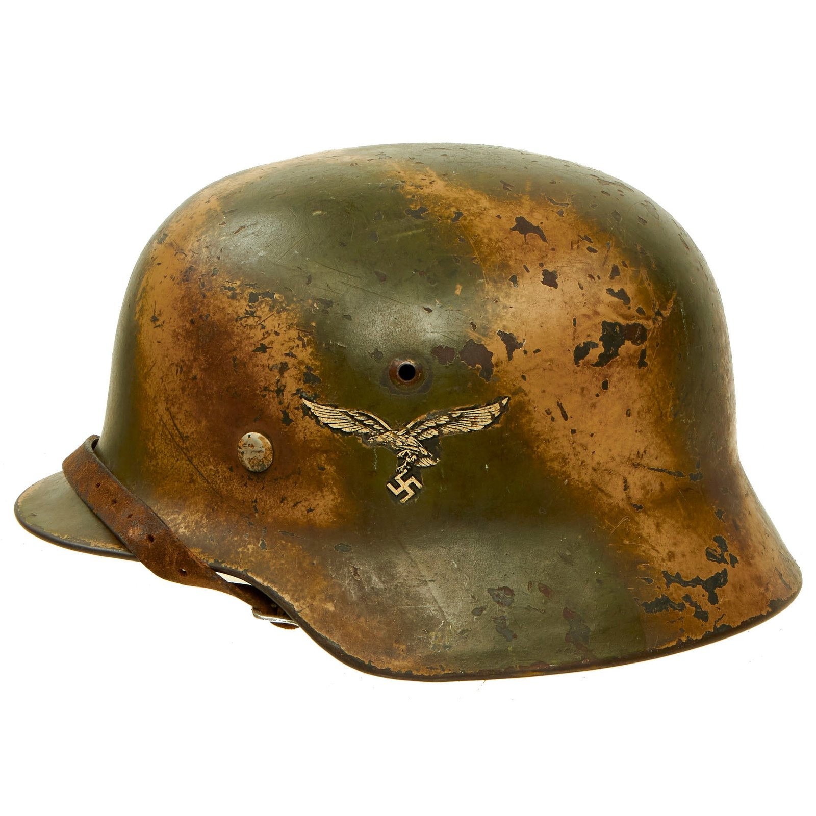 Buy Original German WWII Luftwaffe M35 Double Decal "Normandy" Camouflage Steel Helmet with 57cm Liner & Chinstrap - marked ET64 | Original Firearms Antique For Sale
