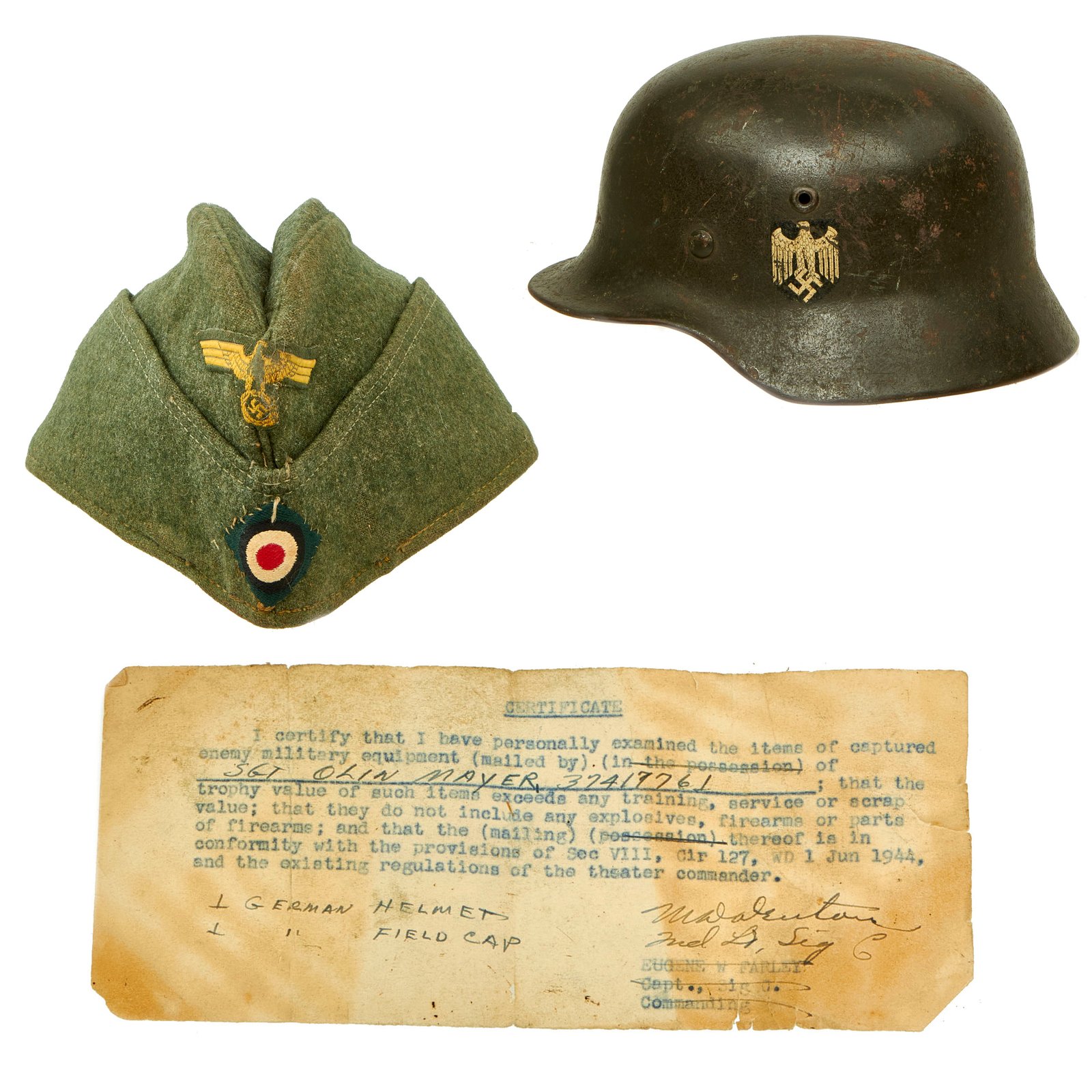 Buy Original German WWII Documented USGI Bring Back Set - Army Heer M40 Single Decal Helmet & Kriegsmarine Coastal Artillery M38 Cap | Original Firearms Antique For Sale