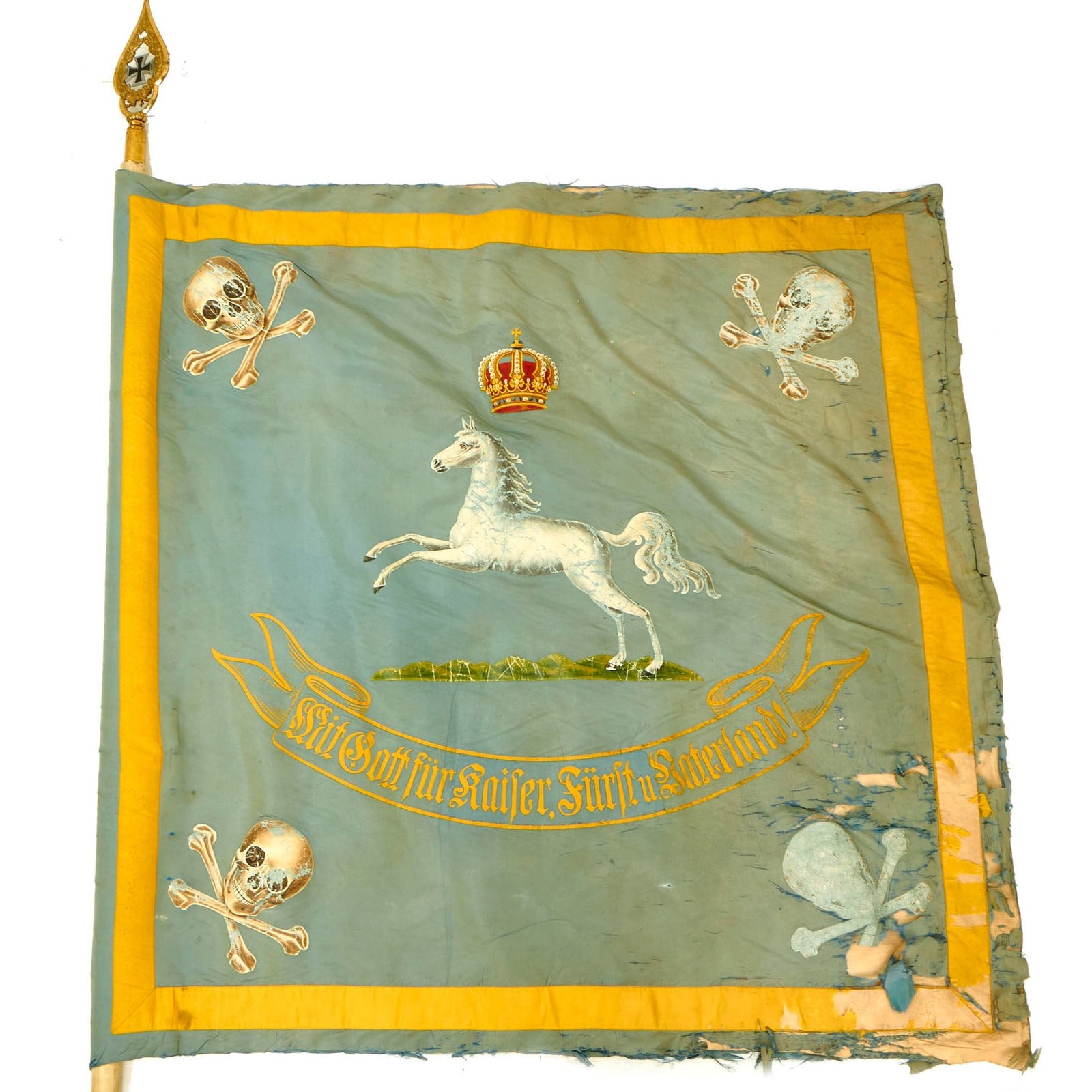 Buy Original Imperial German WWI Regimental Standard Flag For The State of Brunswick With Flagpole and Topper With Inlaid Prussian Iron Cross - 45” x 45” / Flagpole 107 1/2” | Original Firearms Antique For Sale