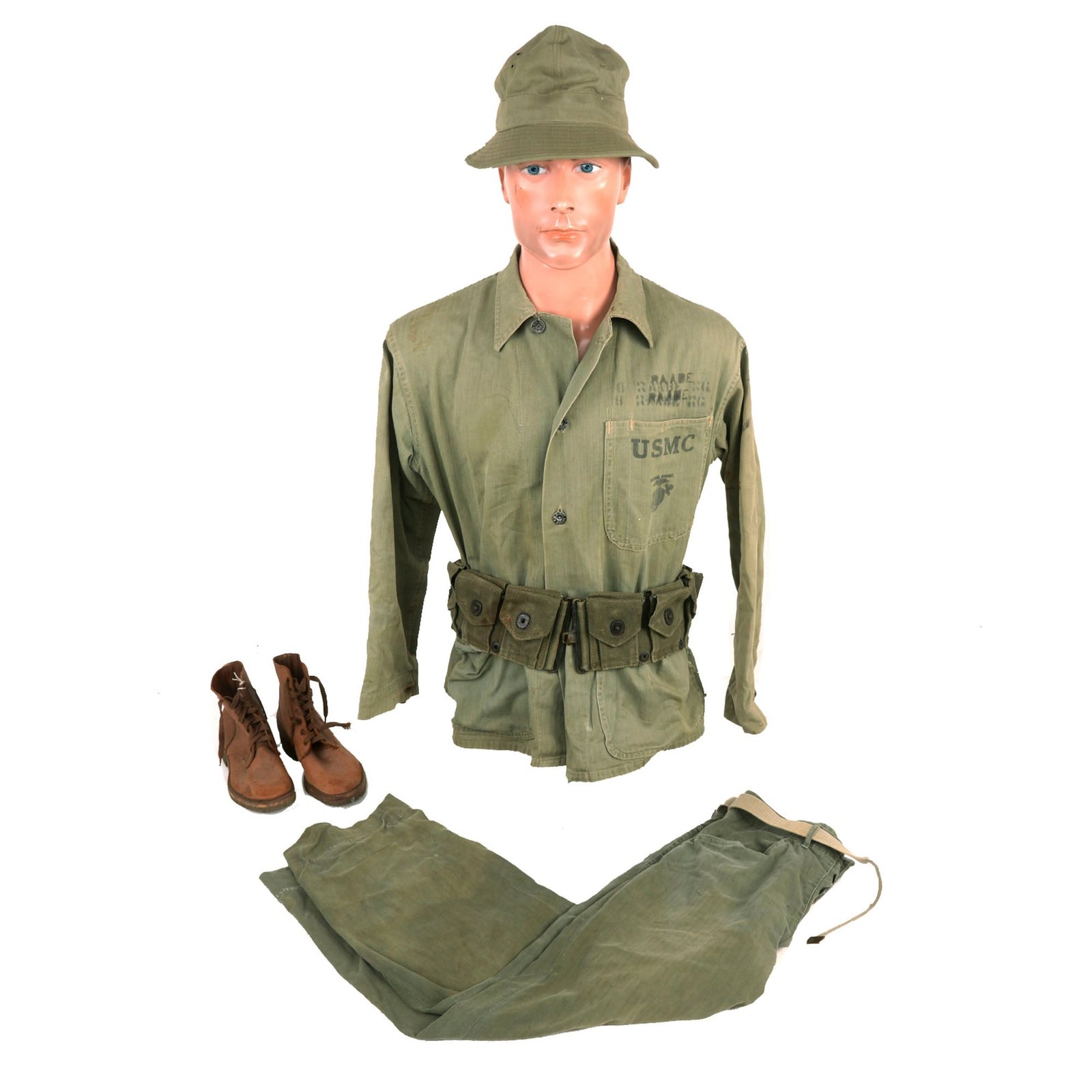 Buy Original U.S. WWII Identified USMC HBT Herringbone Twill P41 Utility Combat Uniform & Cartridge Belt Grouping - Robert G. Raabe, Served Aboard USS Minneapolis | Original Firearms Antique For Sale