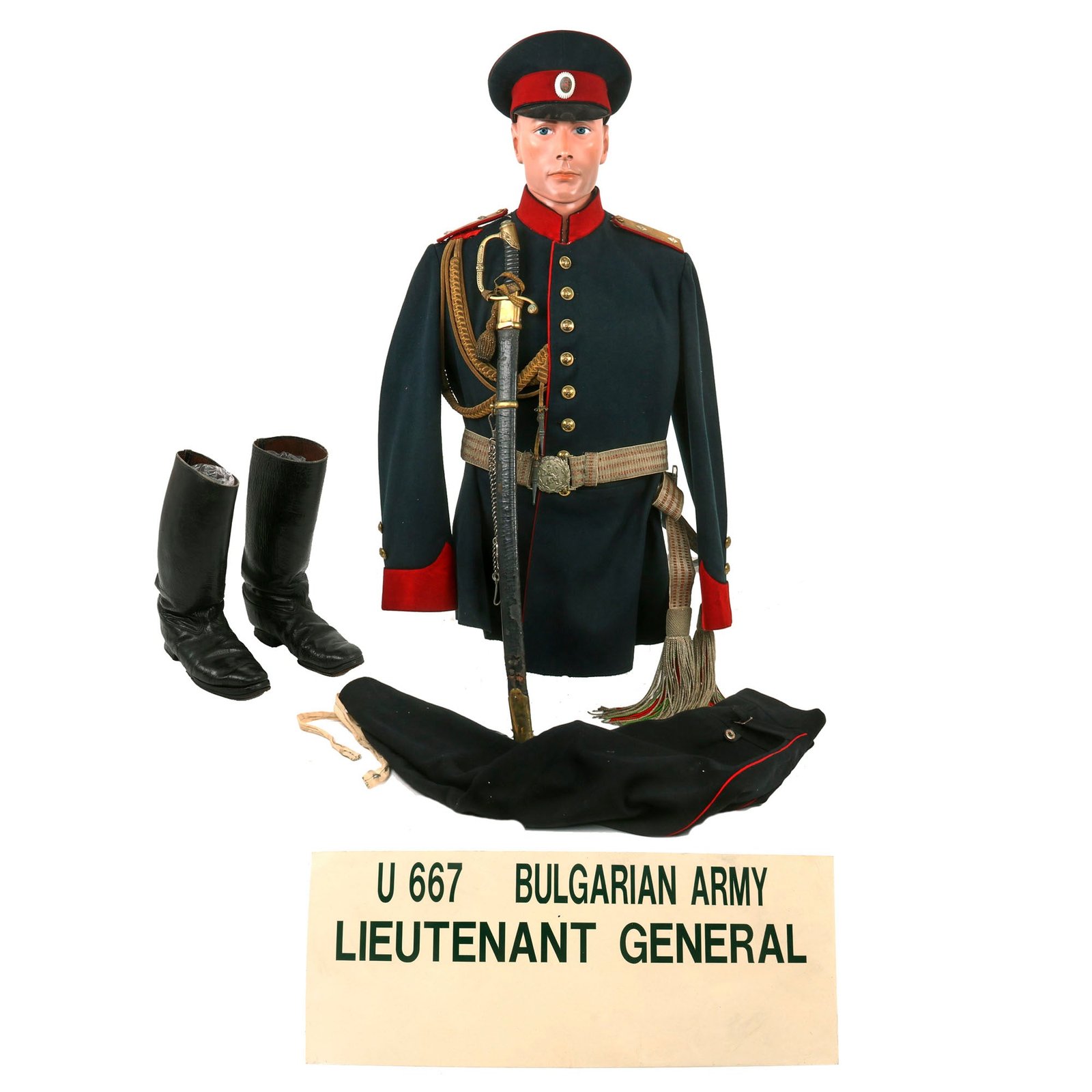 Buy Original Bulgarian WWI Lieutenant General Uniform Set With Trousers, Boots, Peaked Visor, Brocade Belt and Dress Sword by E & F Horster - Formerly Part of the A.A.F. Tank Museum | Original Firearms Antique For Sale