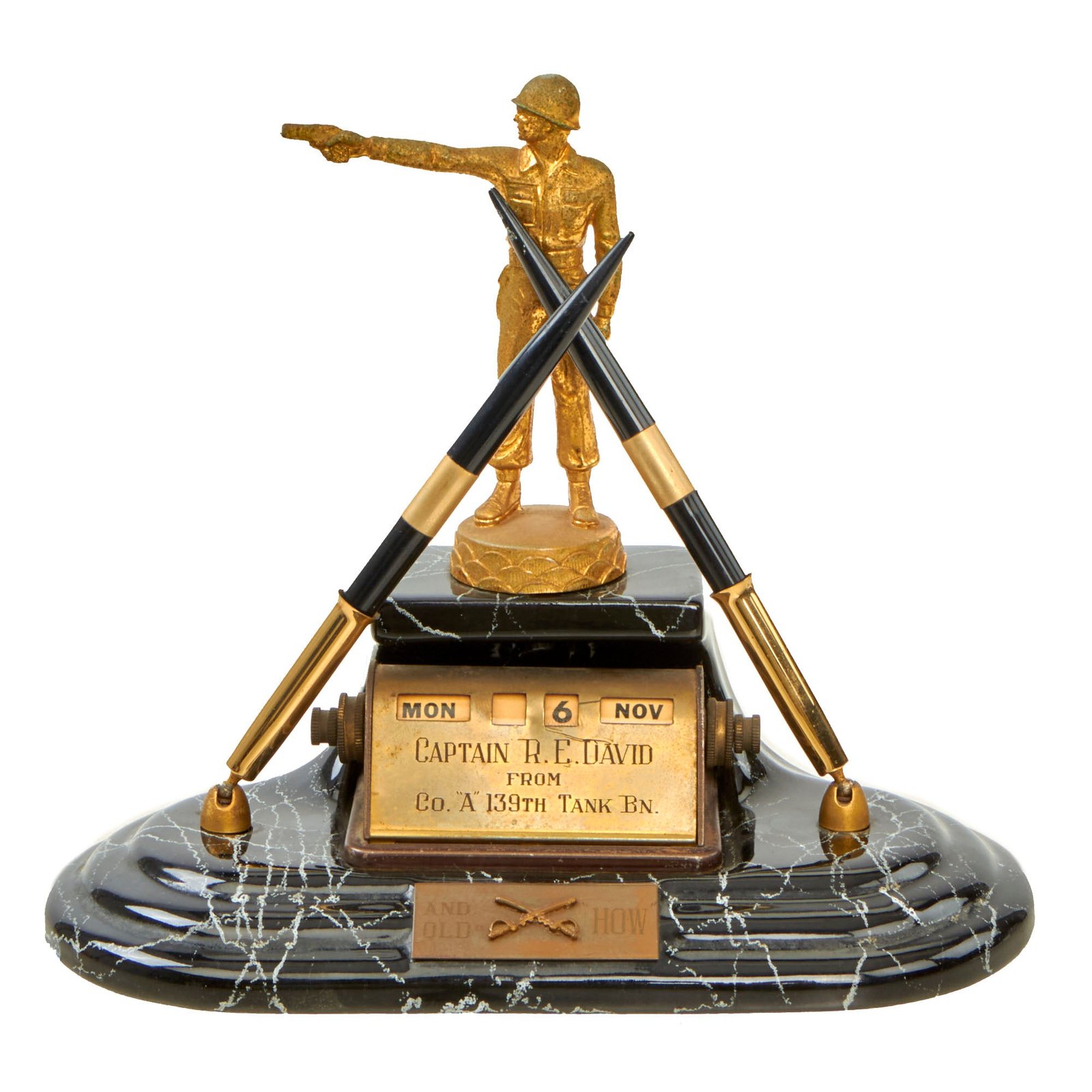 Buy Original U.S. WWII Presentation Desk Ornament Pen Holder Named to Capt. R.E. David, Co. "A" 139th Tank Battalion | Original Firearms Antique For Sale