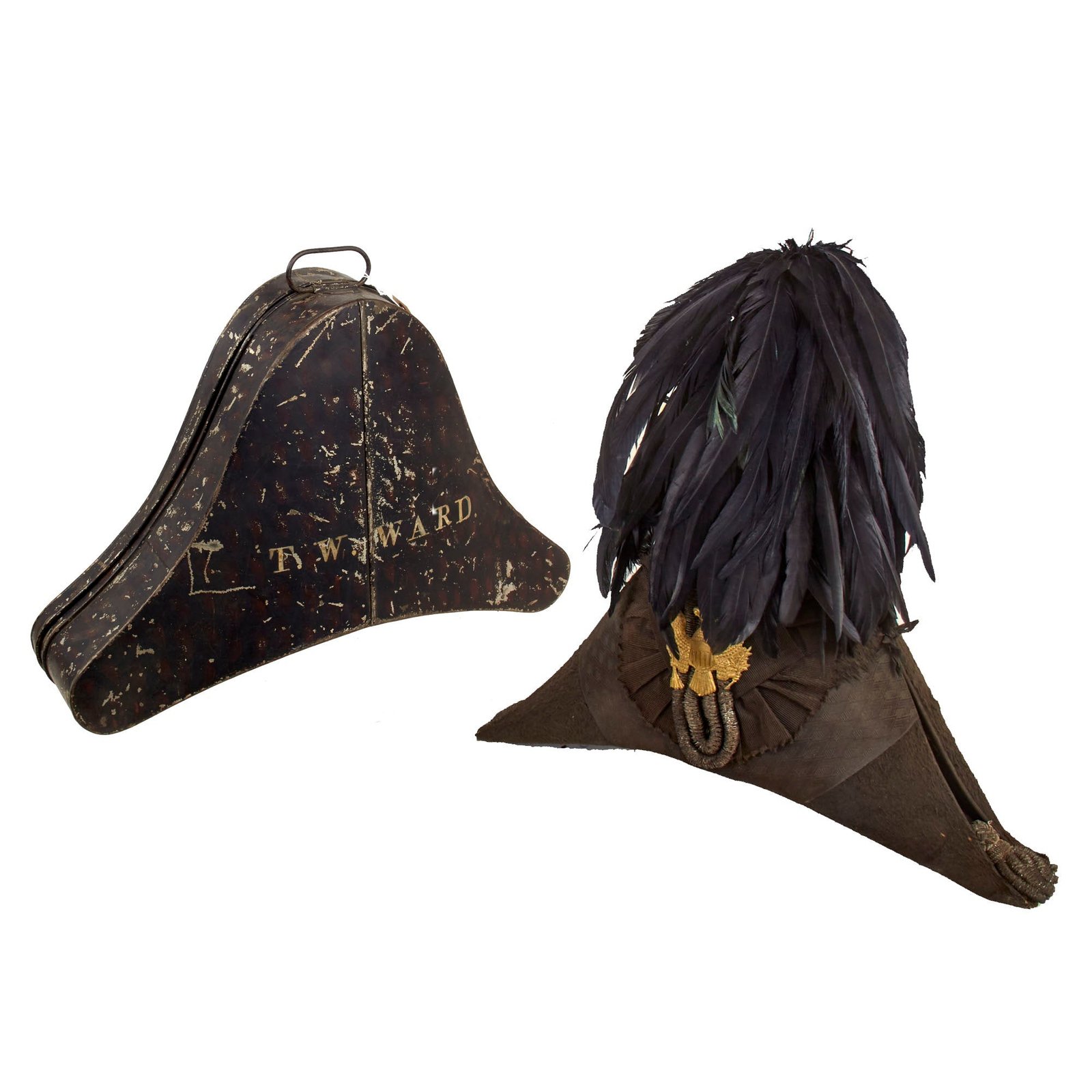 Buy Original U.S. 1840s Army Officer Chapeau-Bras Bicorn Hat by W.H. Horstman & Son with Black Plume in Named Transit Tin | Original Firearms Antique For Sale