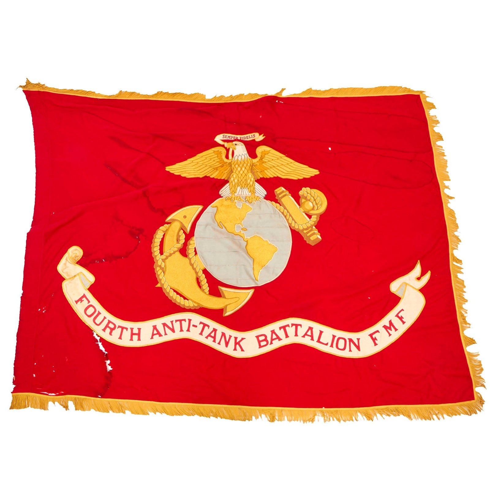 Buy Original U.S. Pre Vietnam War Era 1959 Dated Chain Stitch Embroidered US Marine Corps Battle Standard Flag With 4th Anti-Tank Battalion Scroll by Annin and Co - 51” x 68” | Original Firearms Antique For Sale