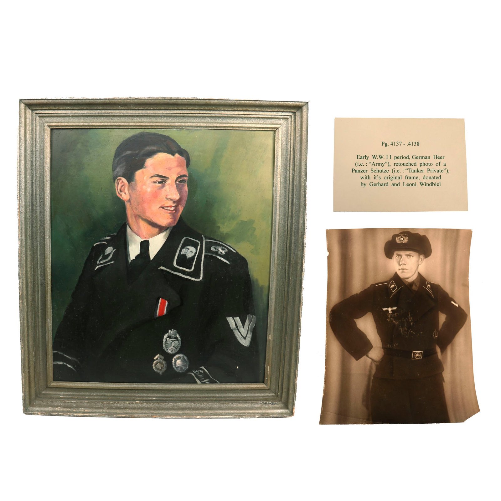 Buy Original German WWII Heer Armored Panzer Wrapper Portrait Set - Framed 26" x 29 ½" Painting & Retouched 11 ⅛" x 15 ¼" Photograph - Formerly A.A.F. Tank Museum | Original Firearms Antique For Sale