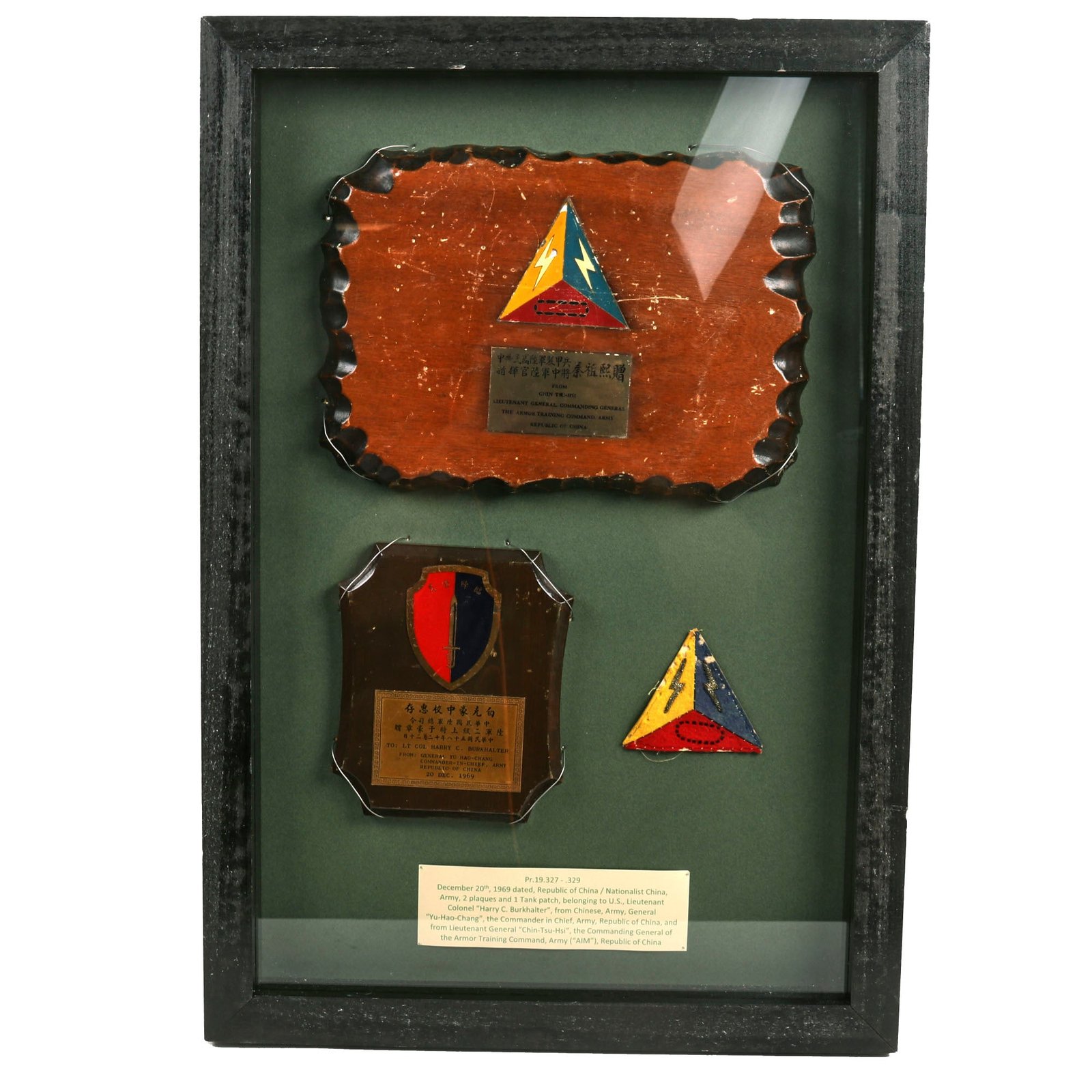 Buy Original U.S. Vietnam War Era Republic of China Tank Training Command Plaques Presented To Col. Harry C. Burkhalter from Commander in Chief Gen. Yu Hao-Chang - 17 ½” x 25 ½” - A.A.F. Tank Museum | Original Firearms Antique For Sale