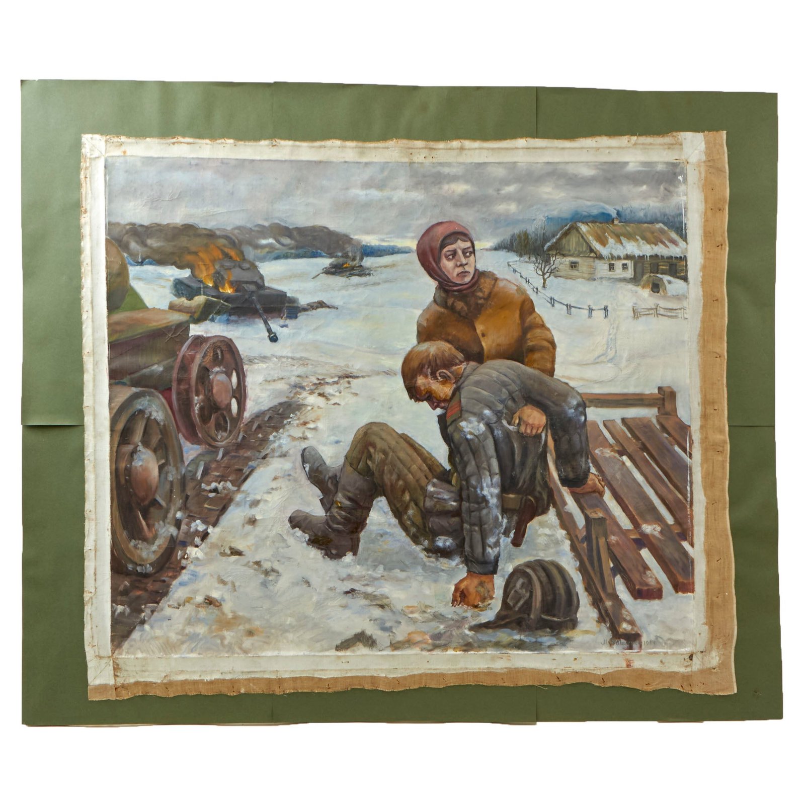 Buy Original Soviet Union Cold War 1984 Dated Oil Painting of Wounded WWII Soviet Tanker Assisted by Civilian - Artwork by M. Вашленко (Vashlenko) - 41” x 49” | Original Firearms Antique For Sale