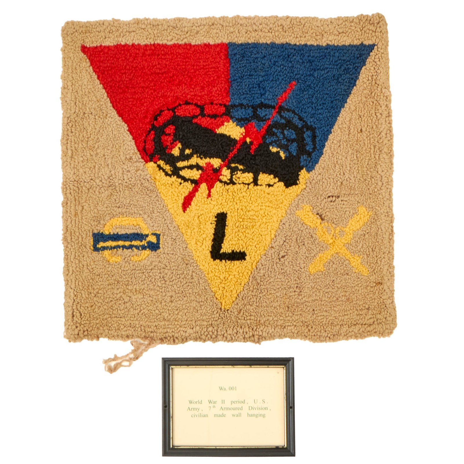Buy Original U.S. WWII US Army 7th Armored Division Hooked Rug - Formerly Part of the A.A.F. Tank Museum - 20 x 20” | Original Firearms Antique For Sale