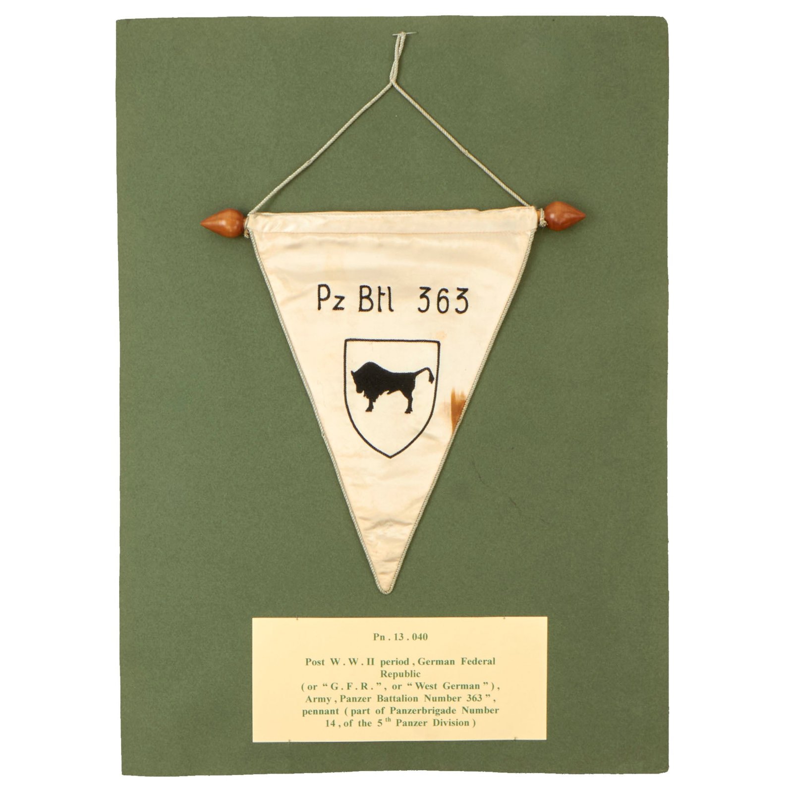 Buy Original German Post-WWII German Federal Republic Panzer Battalion 363 Pennant Flag on Museum Display - Formerly Part of the A.A.F. Tank Museum | Original Firearms Antique For Sale