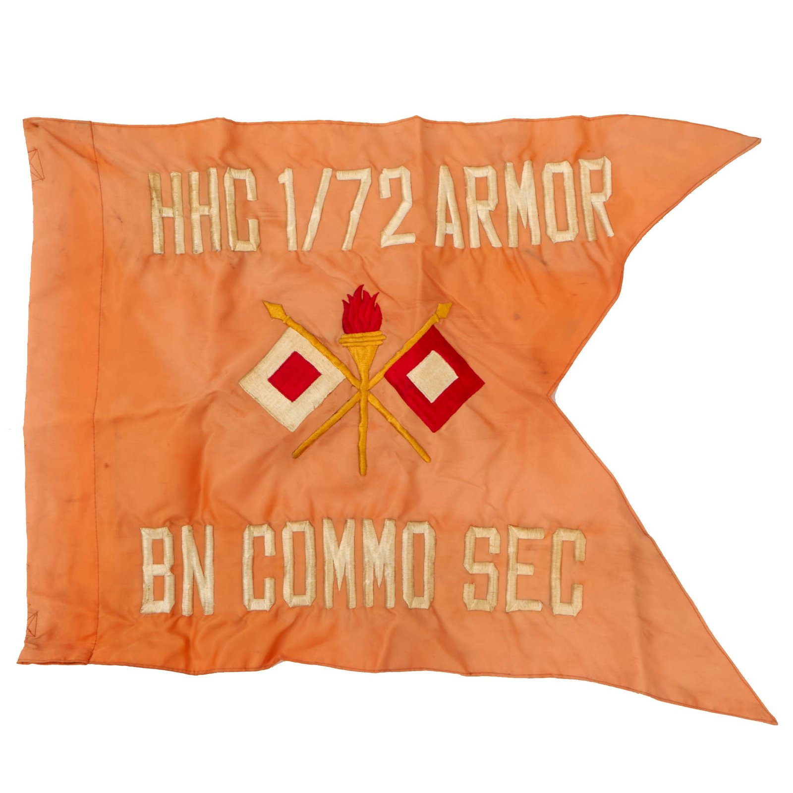 Buy Original U.S. Korean War Era “Headquarters, Headquarters Company” 1st Battalion, 72nd Armored Regiment, Battalion Communications Section 28” x 20” Swallowtail Guidon - Formerly Part of the A.A.F. Tank Museum | Original Firearms Antique For Sale