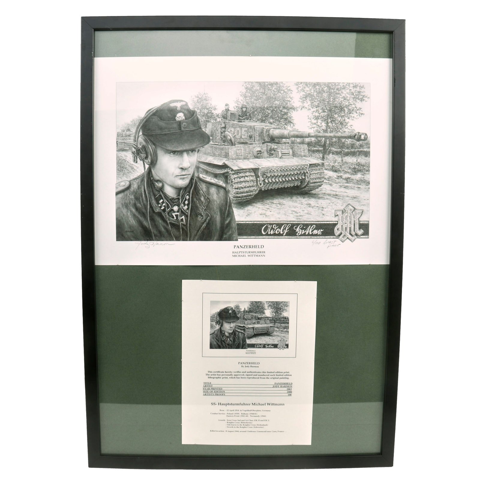 Buy Original Signed Artist Proof of "Panzerheld" by Jody Harmon showing German WWII Waffen-SS Panzer "Ace" Tank Commander Michael Wittmann - Knight's Cross Recipient | Original Firearms Antique For Sale